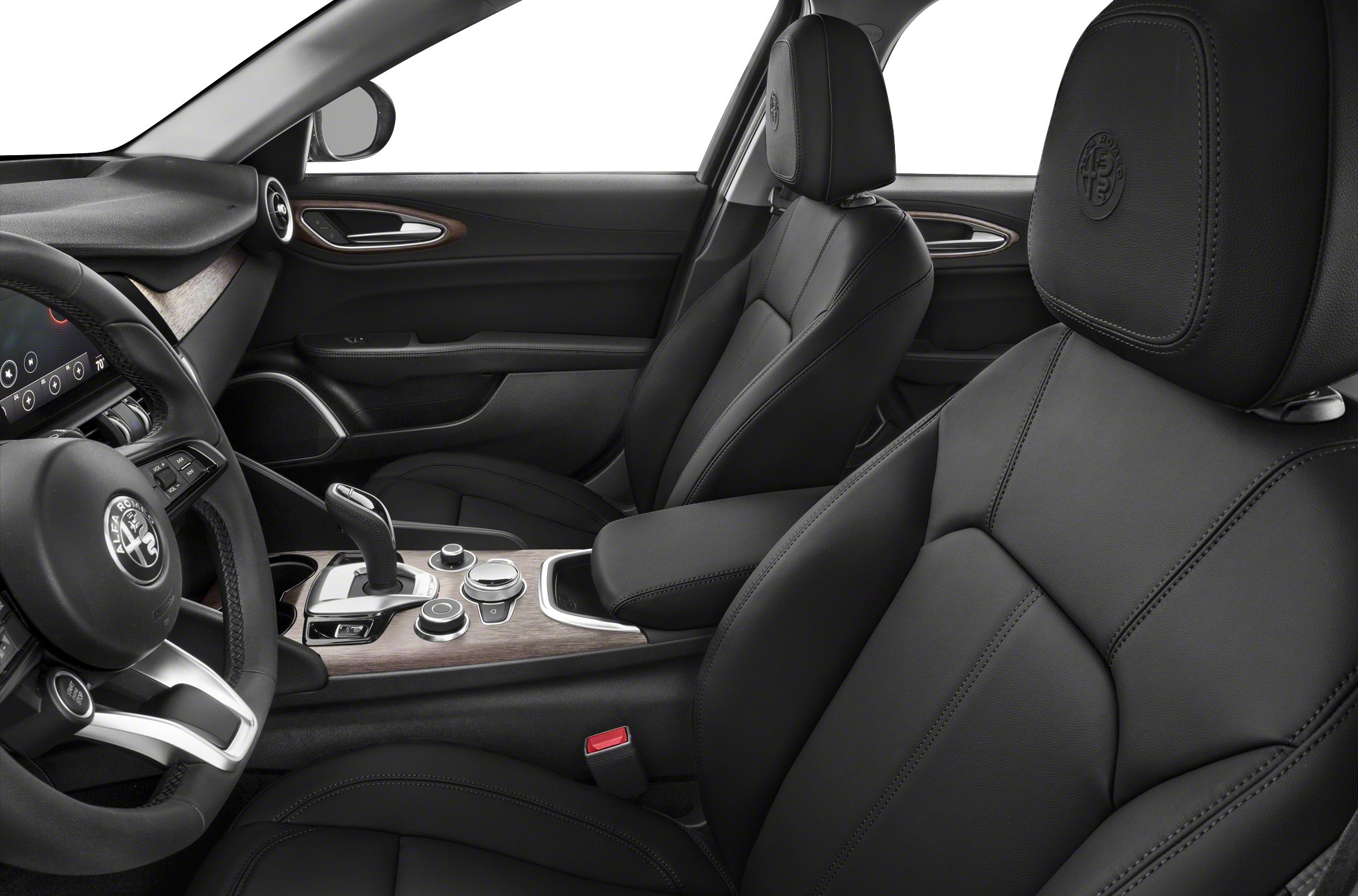 Luxury leather seats with embossed headrests and wood-trimmed center console