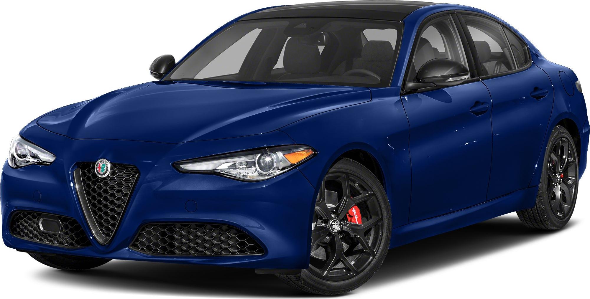 Front view of sedan with distinctive grille and black alloy wheels