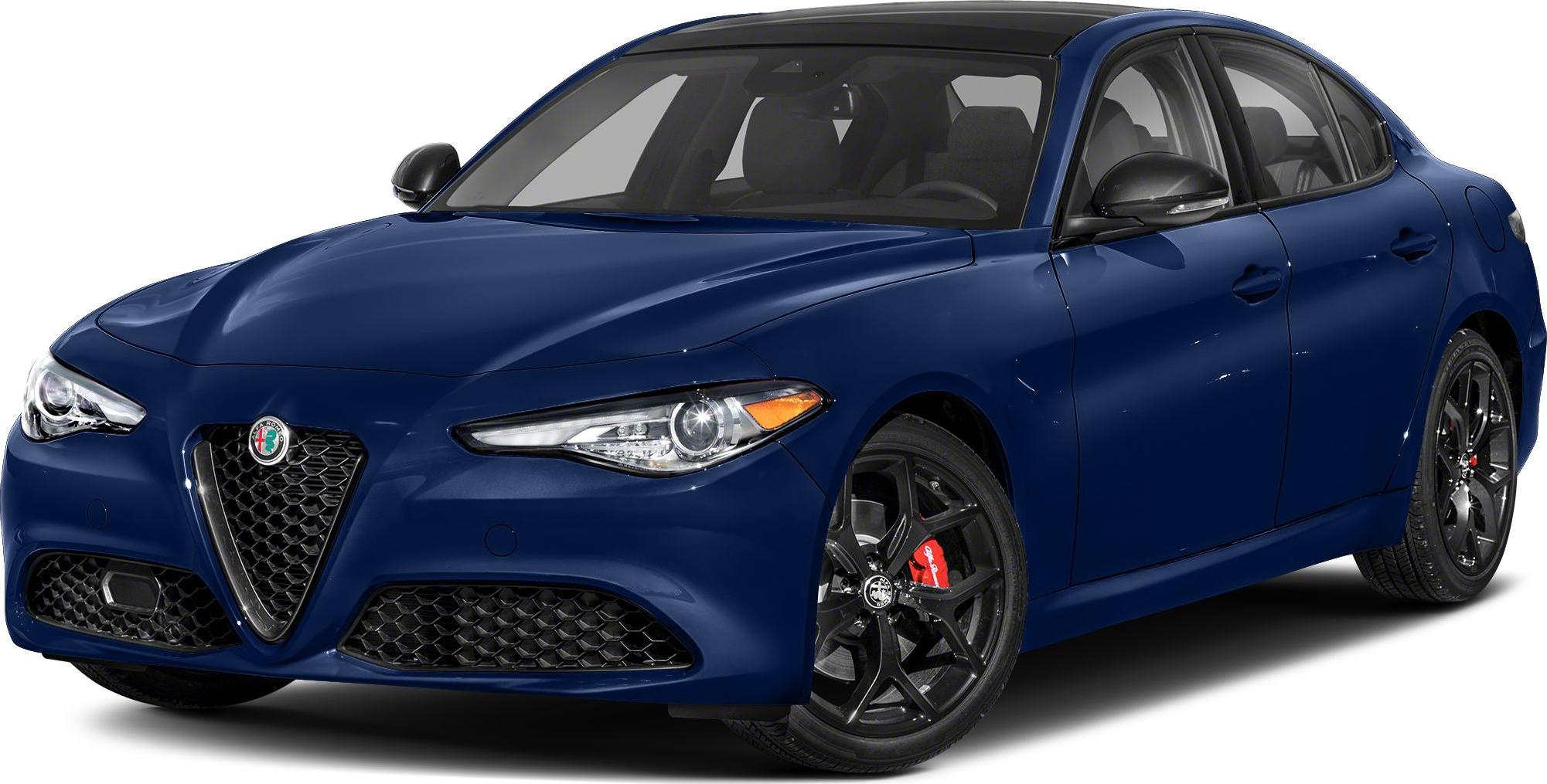 Front view with grille and sporty black alloy wheels with red brake calipers