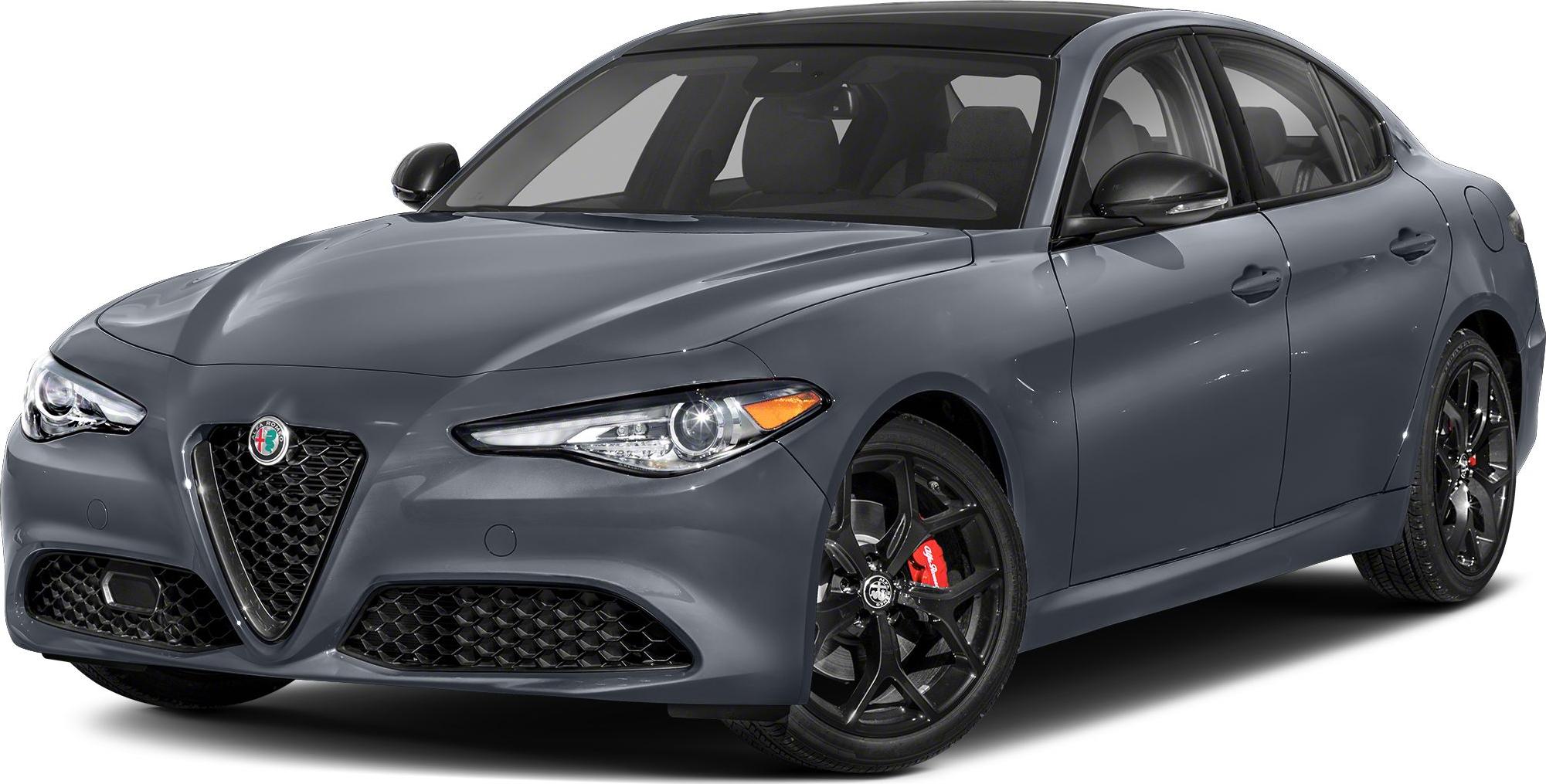 Front view showing headlights, grille, and black alloy wheels with red brake calipers.