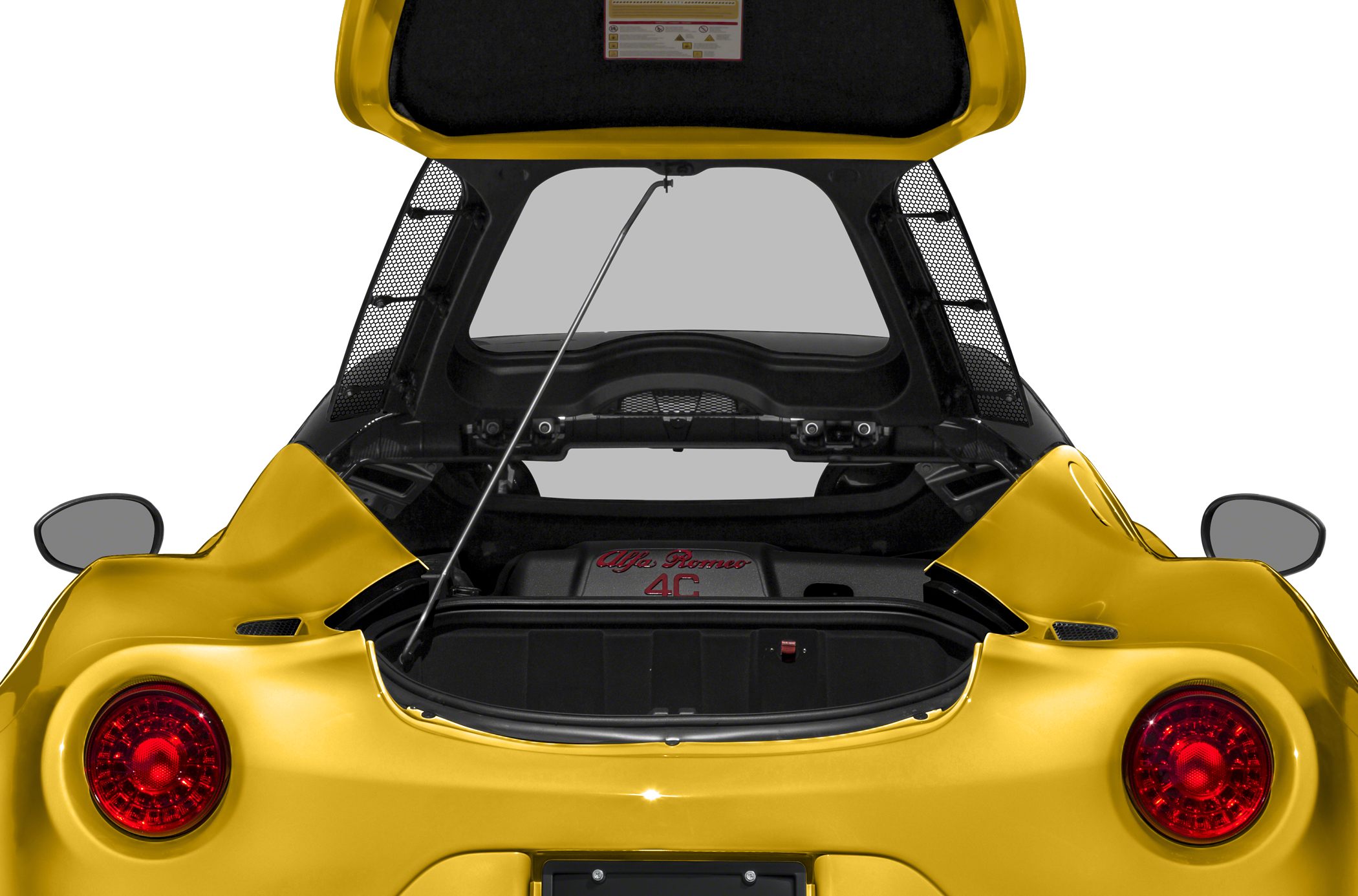 Rear view with open trunk and visible engine bay