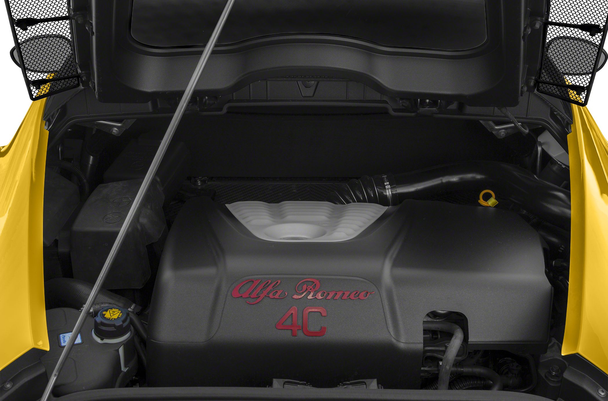 Engine bay with Alfa Romeo 4C branded engine cover