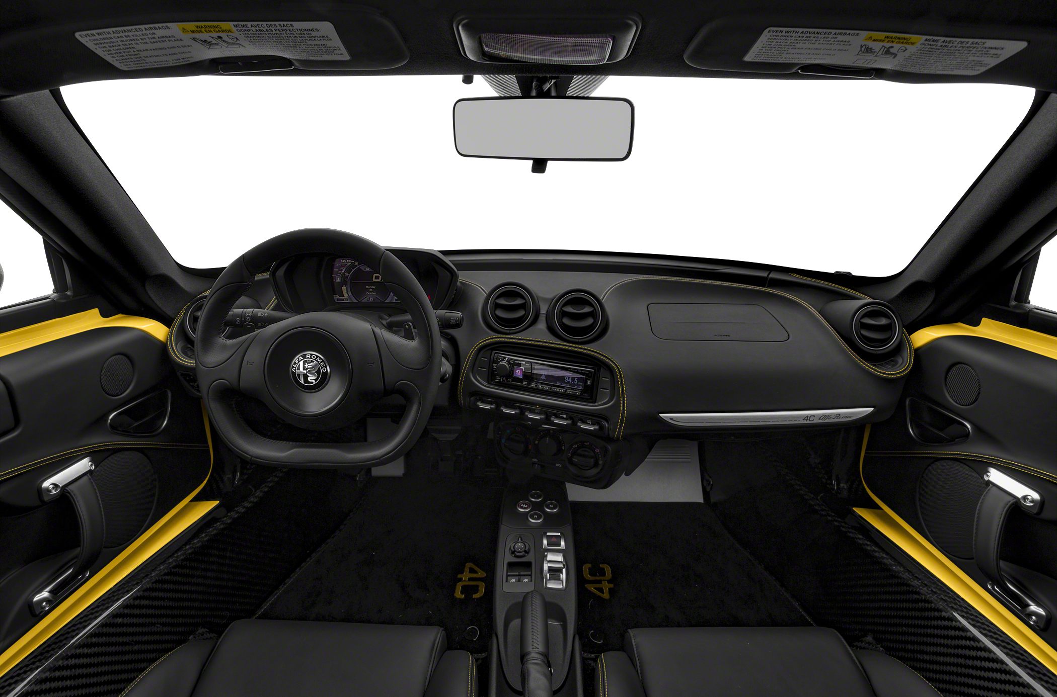Interior dashboard and steering wheel with carbon fiber and yellow accents