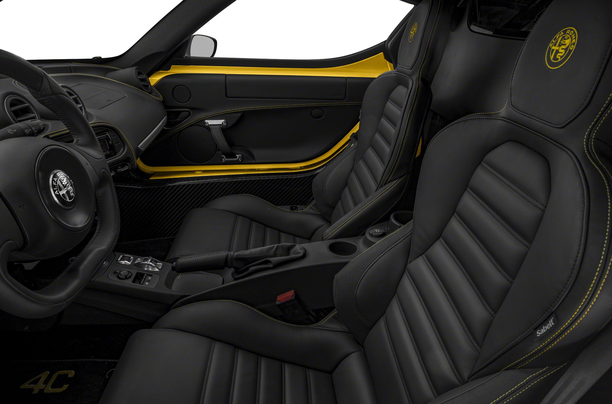Black leather sporty seats with detailed stitching and Alfa Romeo branding