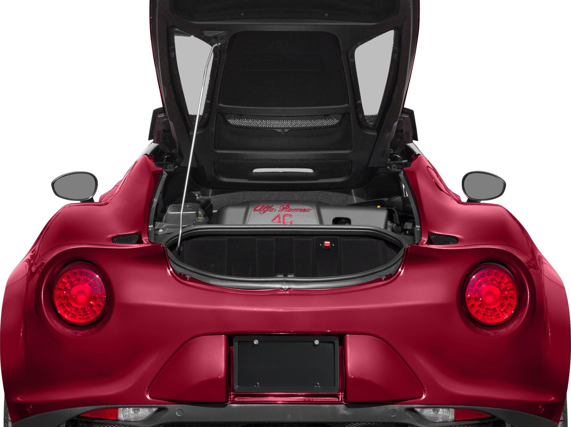 Rear engine compartment and round taillights of a red sports car