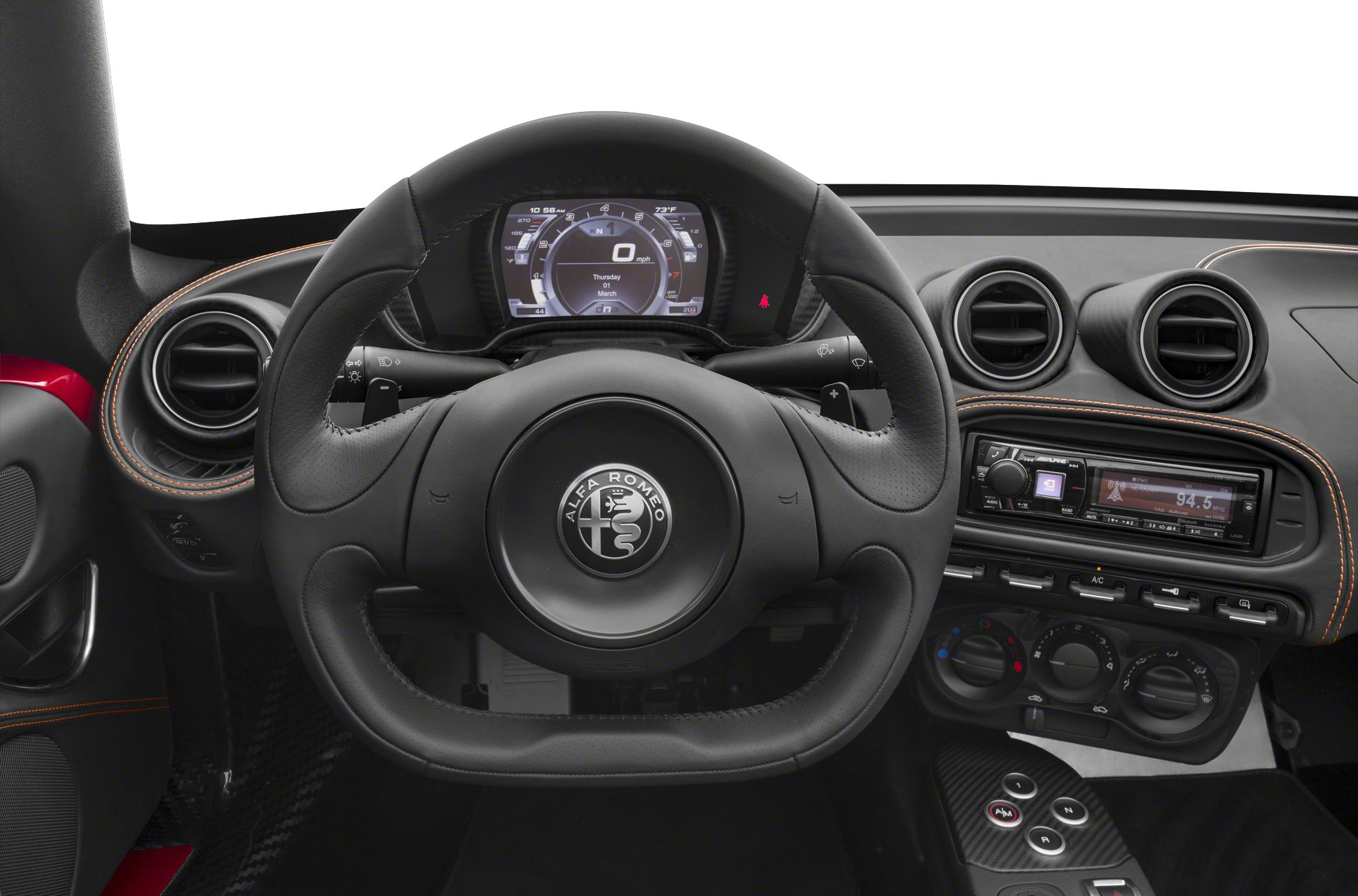 Steering wheel, digital gauge cluster, and dashboard controls with air vents