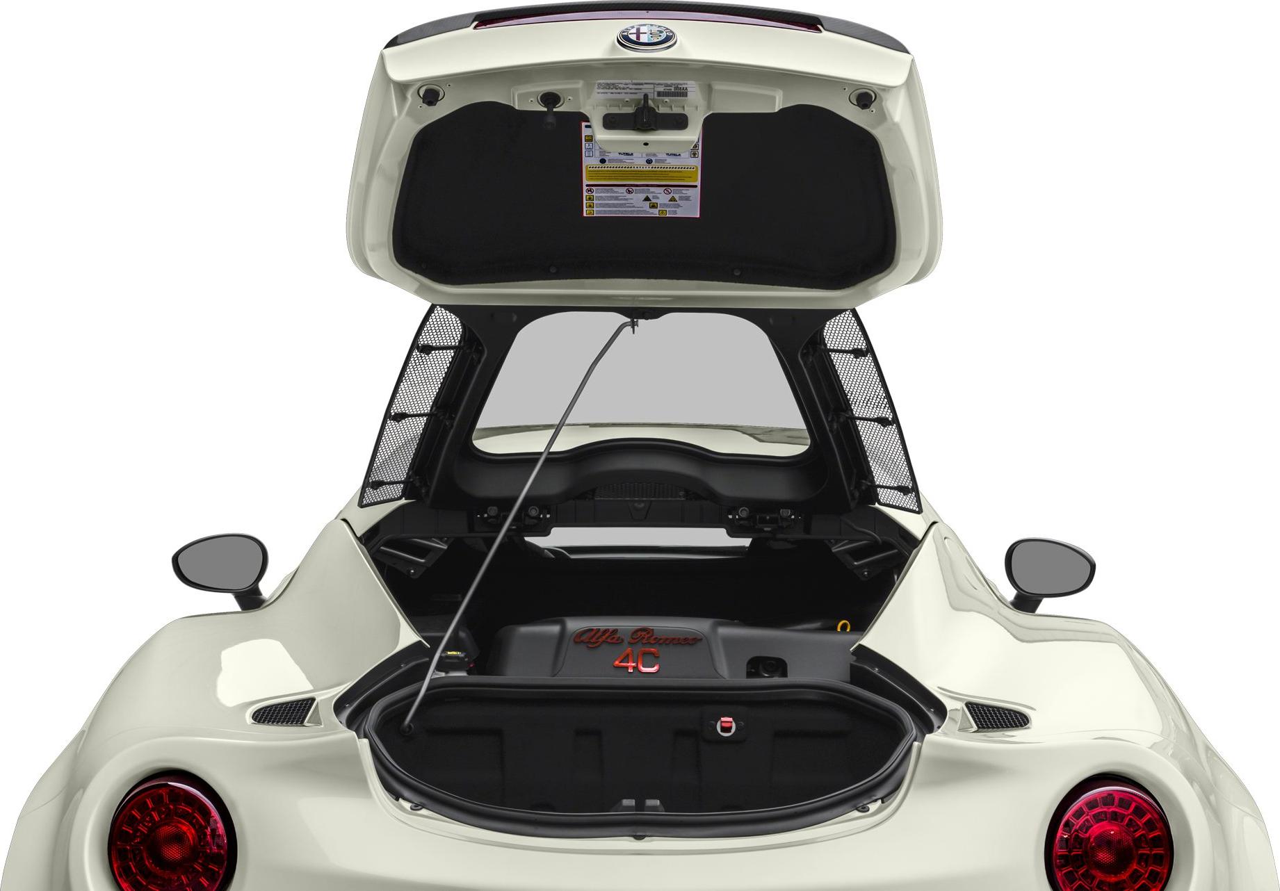 Mid-engine sports car rear with open hatch and engine compartment