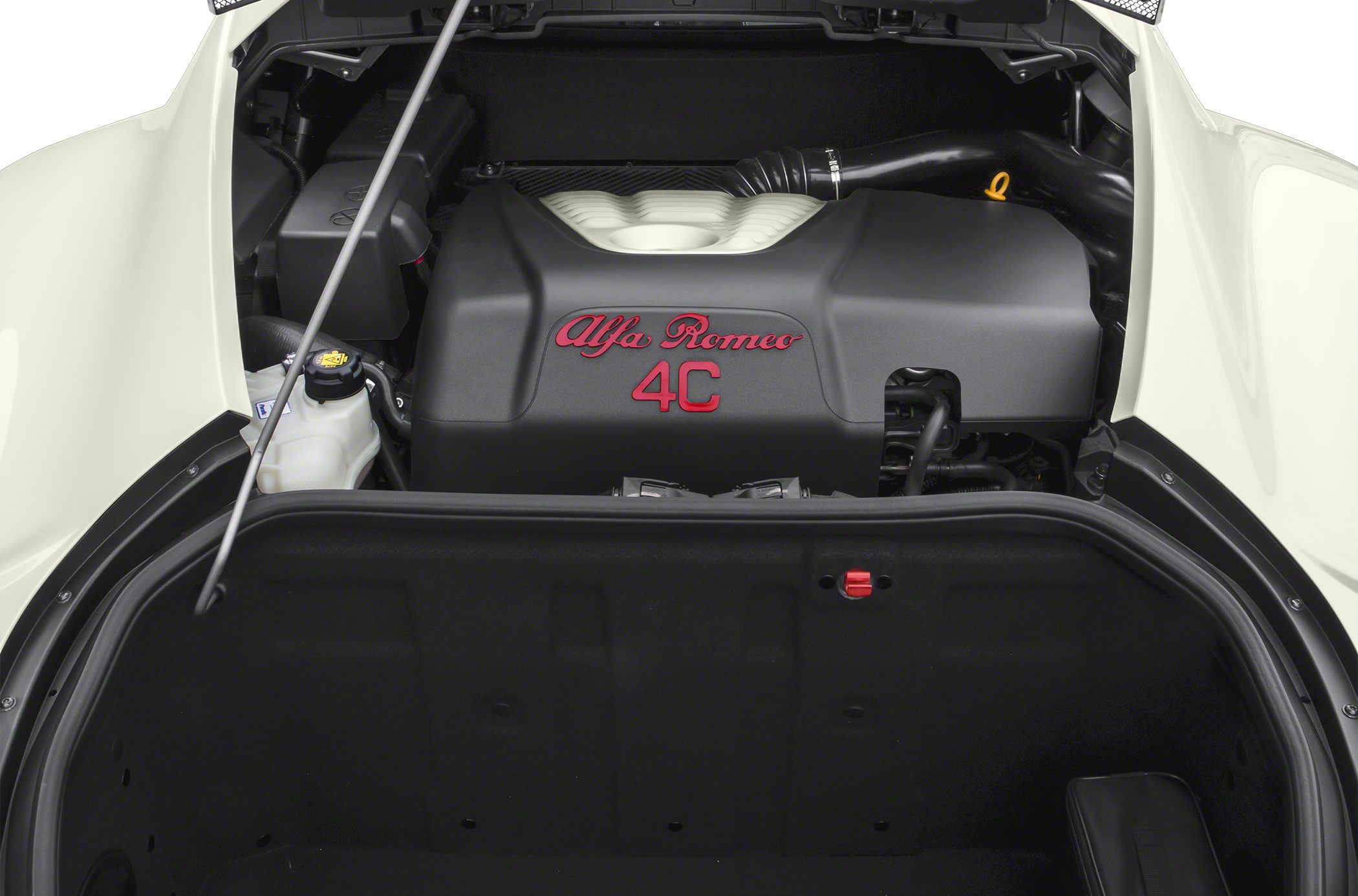 Engine bay with Alfa Romeo 4C engine cover and red 4C emblem
