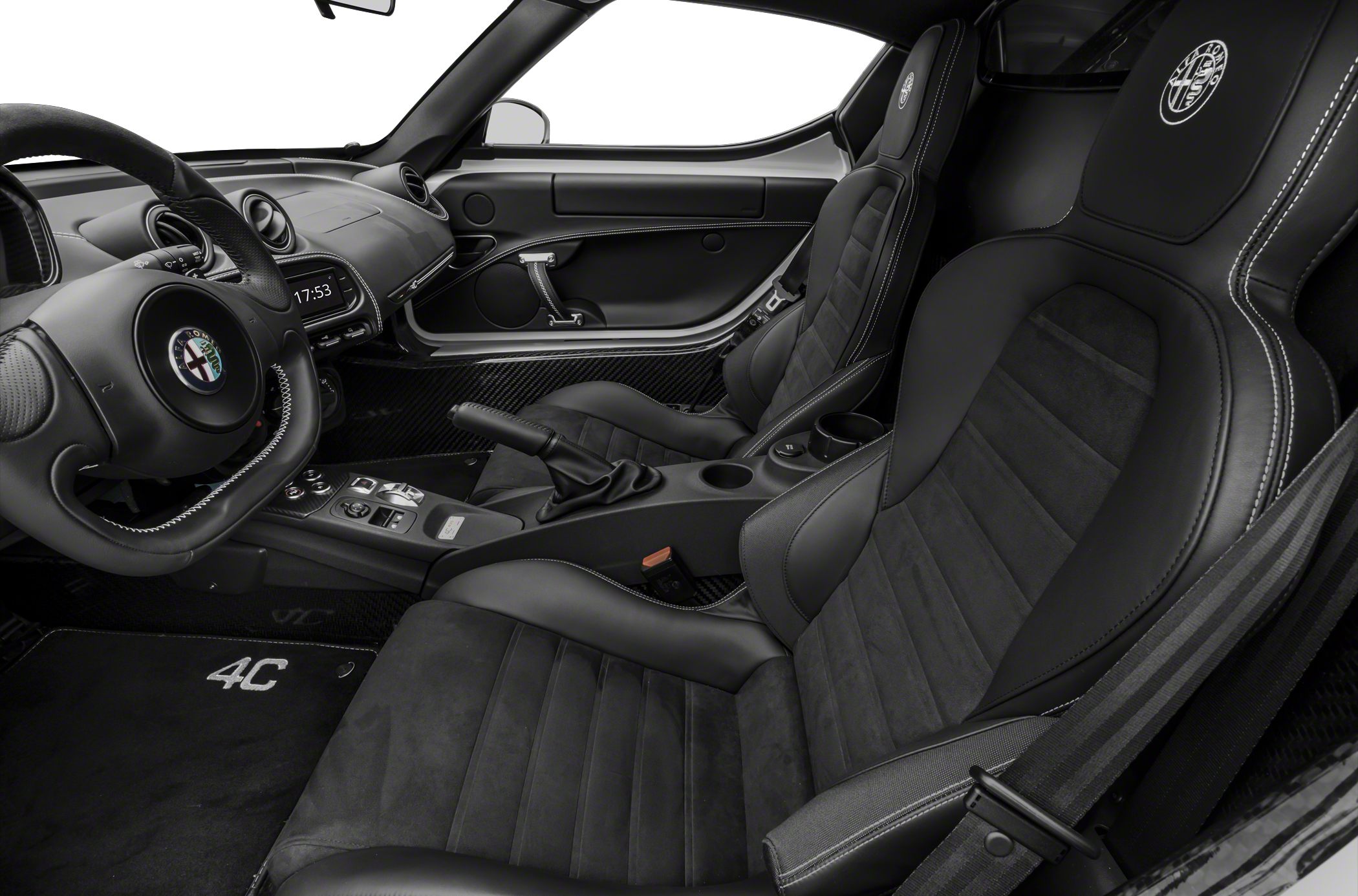 Leather sport seats and carbon fiber trim inside a compact sports car interior