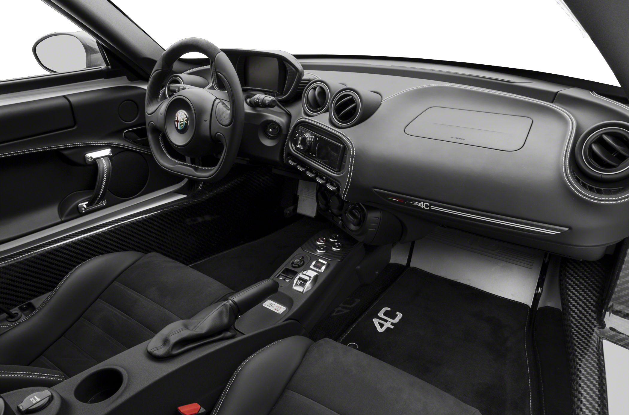 Sporty interior with carbon fiber, racing sport seats, and modern dashboard
