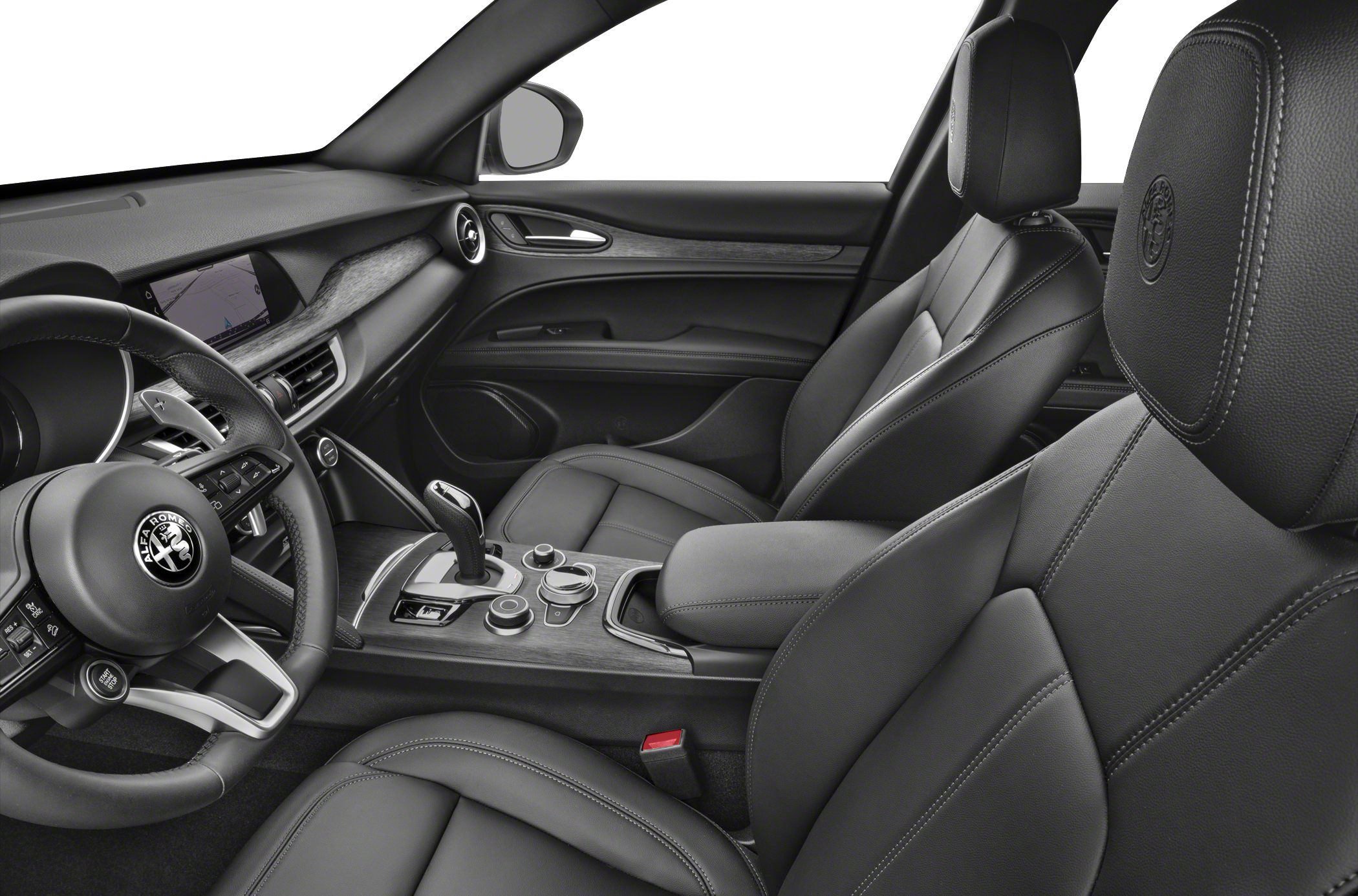 Leather seats and modern dashboard with center console and steering wheel