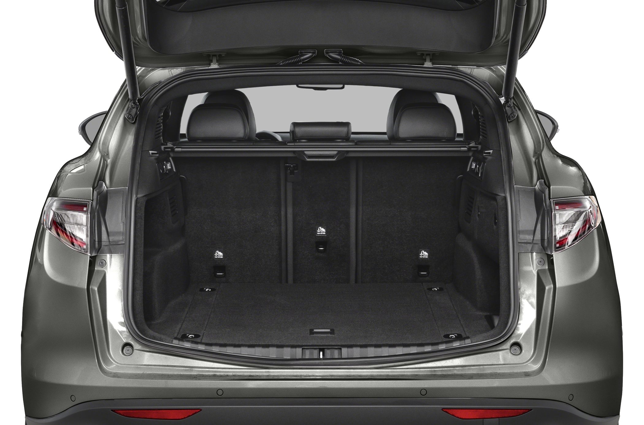 SUV rear cargo space with open hatch and foldable rear seats