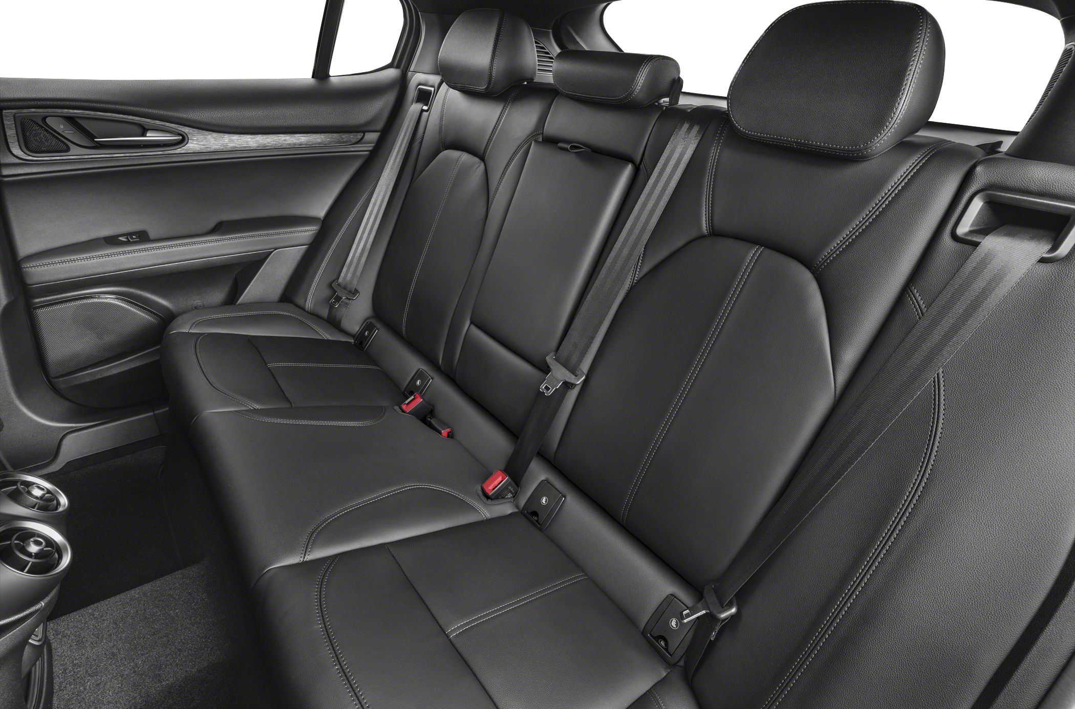 Black leather rear seats with seat belts and modern door panel