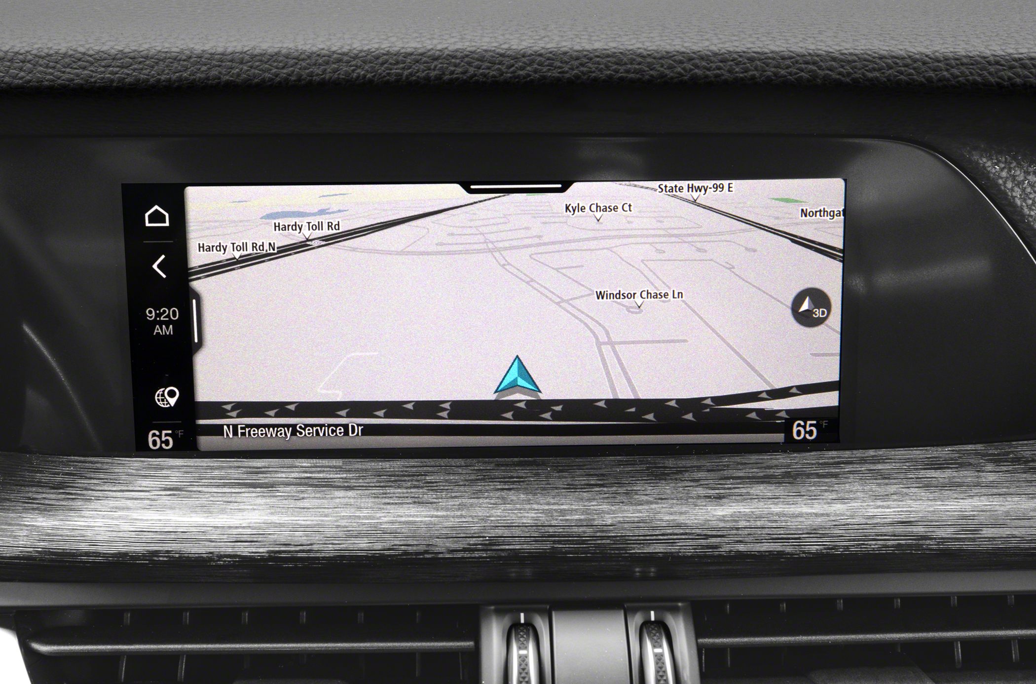 Navigation system display with map and route guidance inside vehicle dashboard