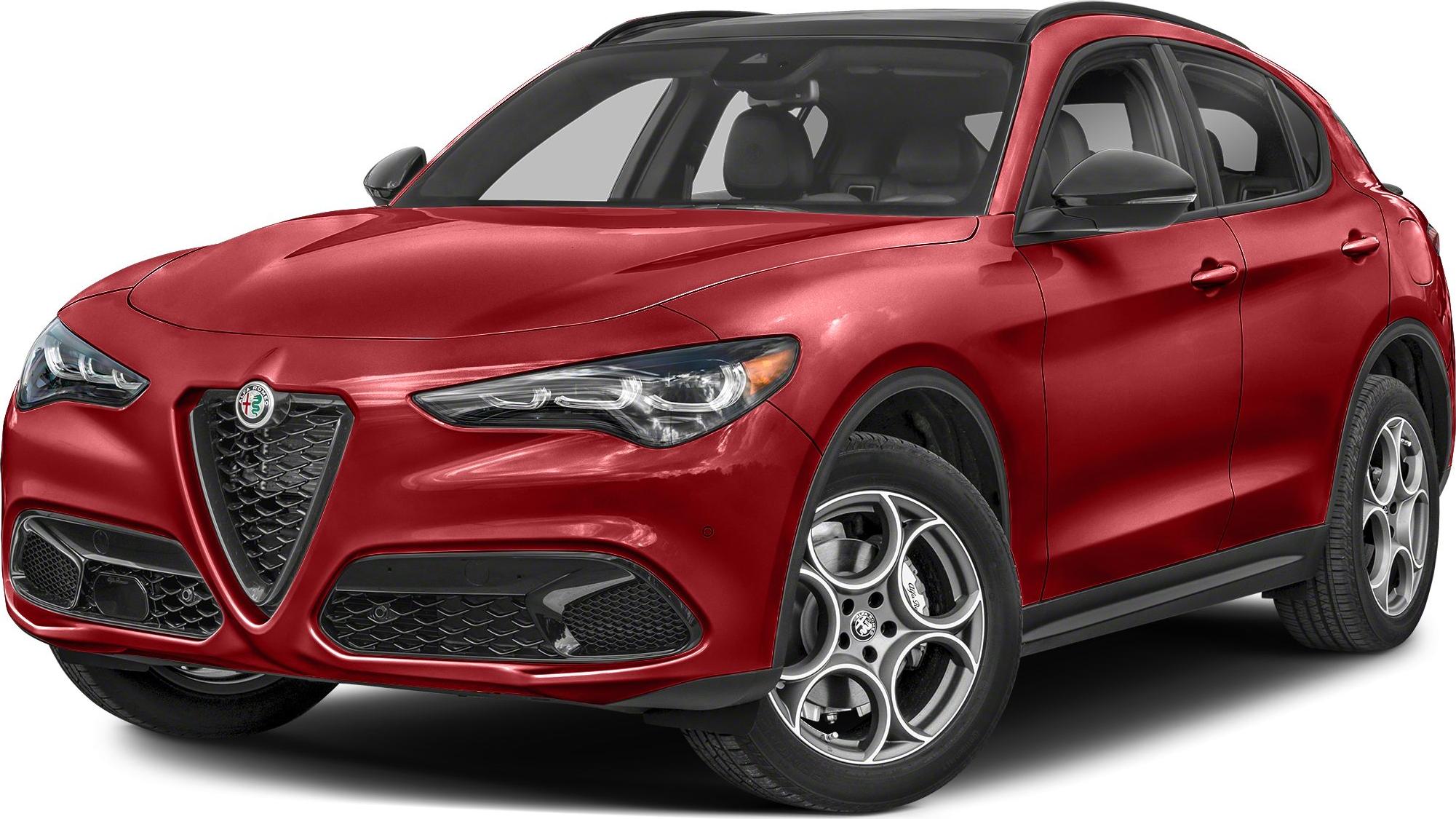 Front view of SUV with triangular grille and round alloy wheels