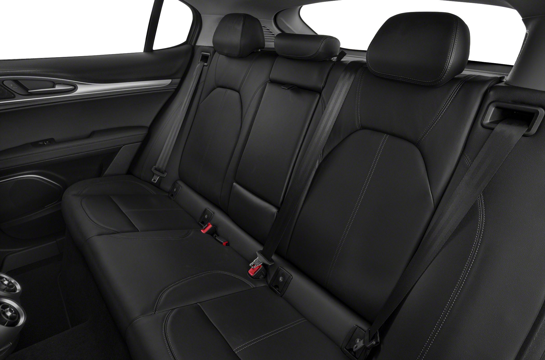 Rear seat interior with black leather and stitching