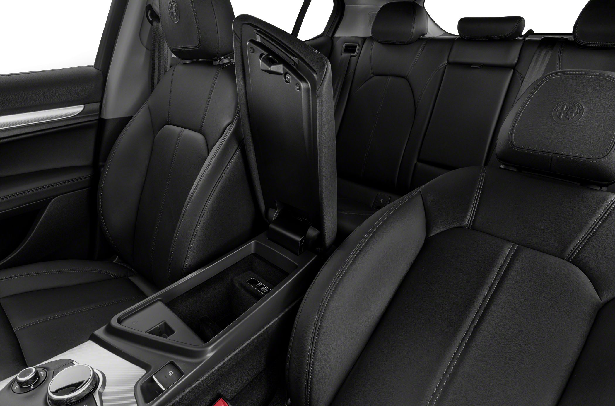 Black leather seats with open center console storage