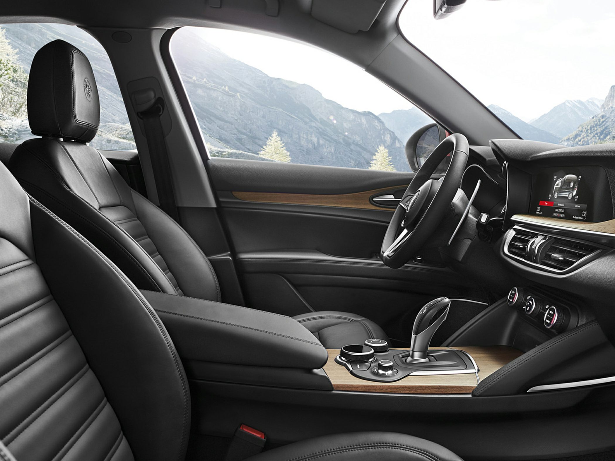 Luxury interior with leather seats and wooden trim