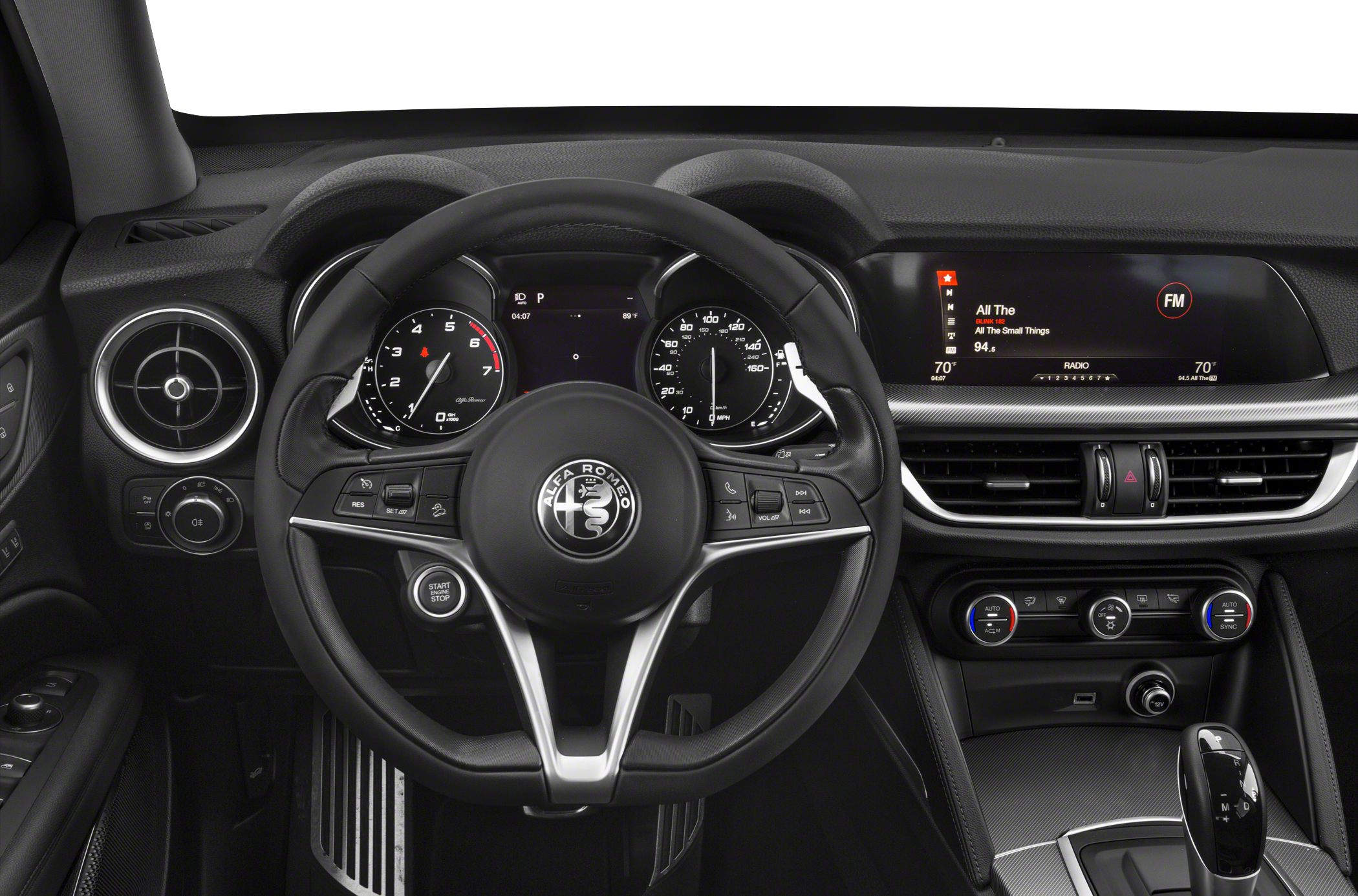 Steering wheel, dashboard, digital display, and infotainment screen