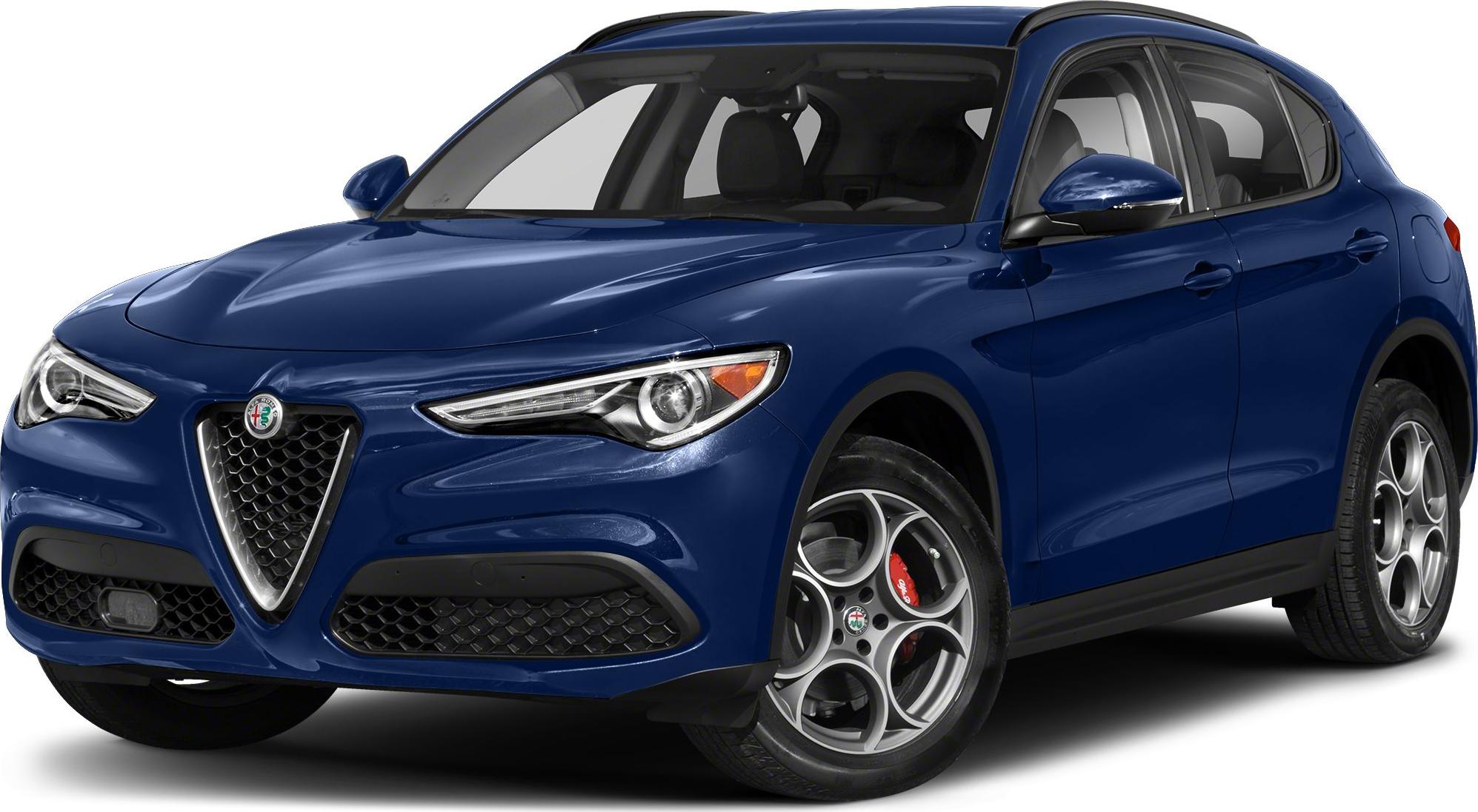 Front and side view of a blue SUV highlighting headlights and alloy wheels