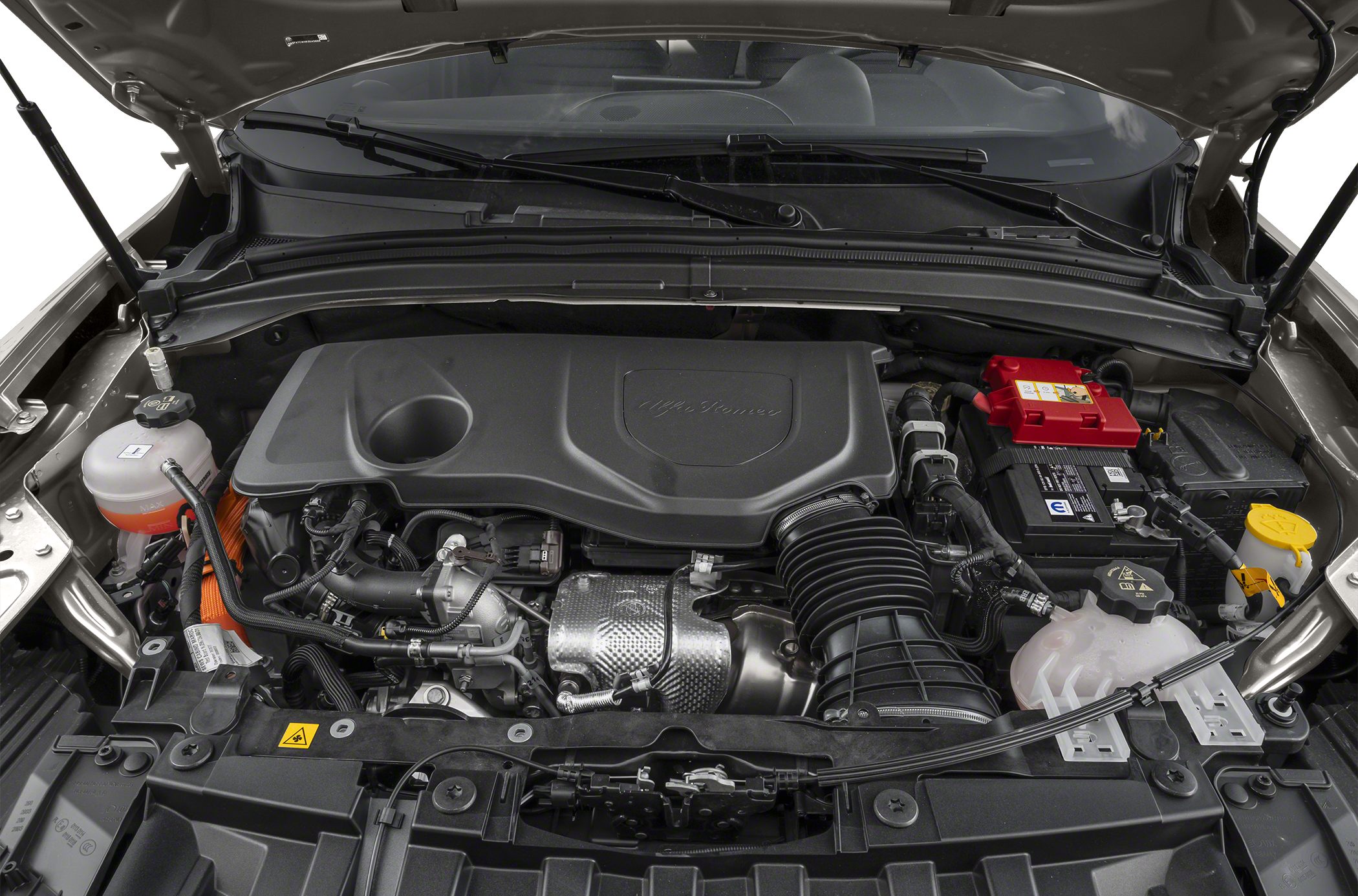Engine bay with hybrid system and engine components under the hood
