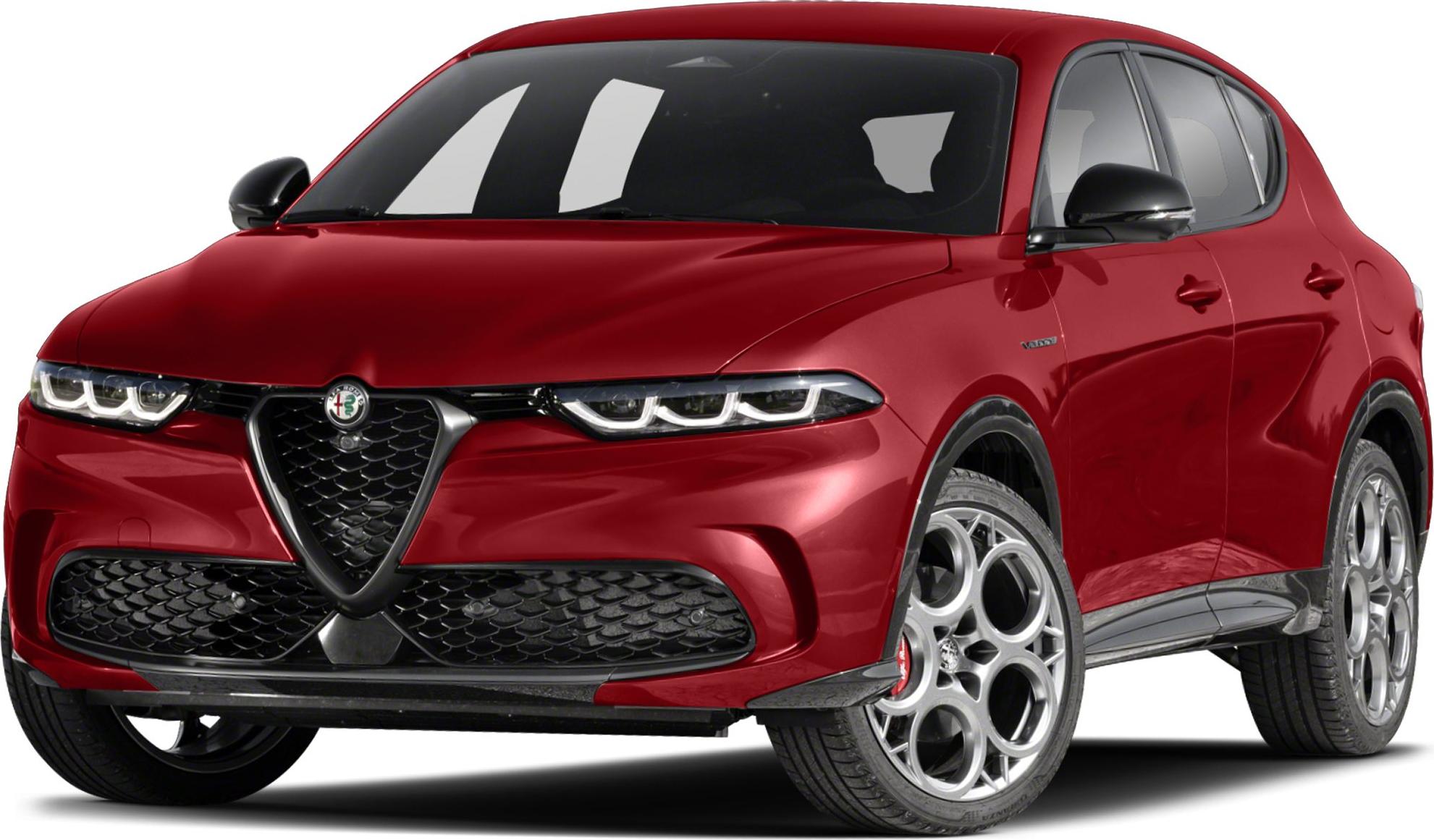 Red car front angle with LED headlights and distinctive circular alloy wheels