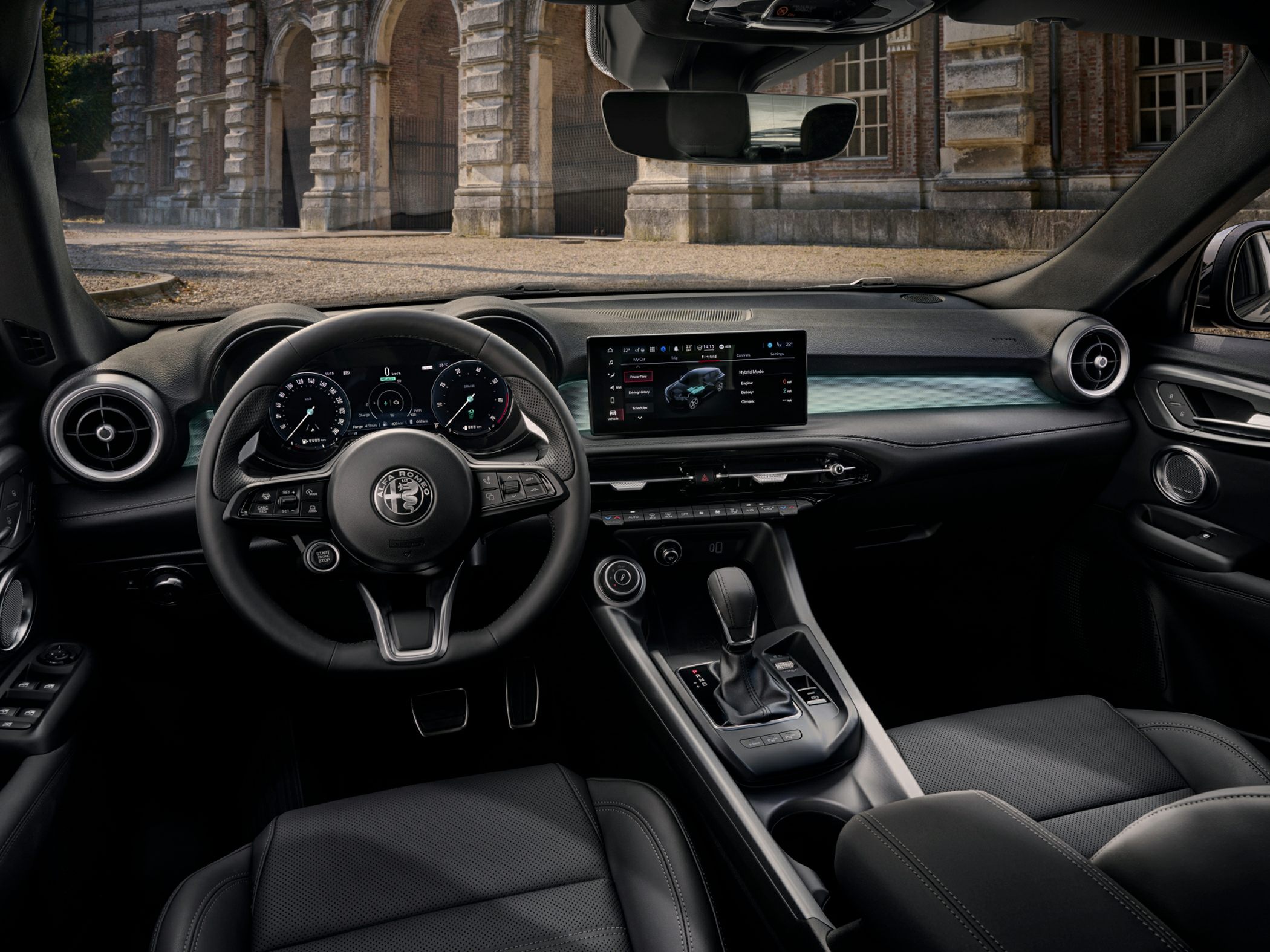 Digital instrument cluster and central touchscreen with ergonomic steering wheel.