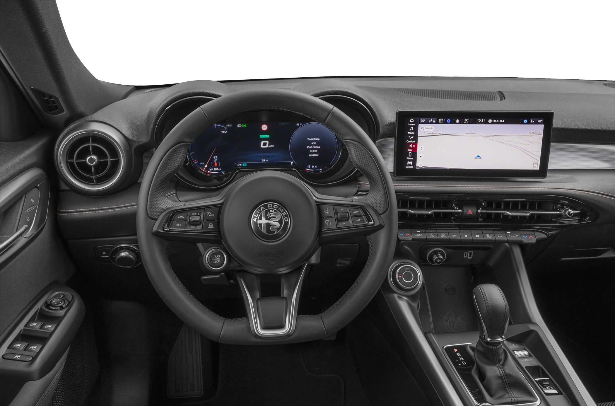 Digital instrument cluster and touchscreen infotainment within driver-focused cockpit.
