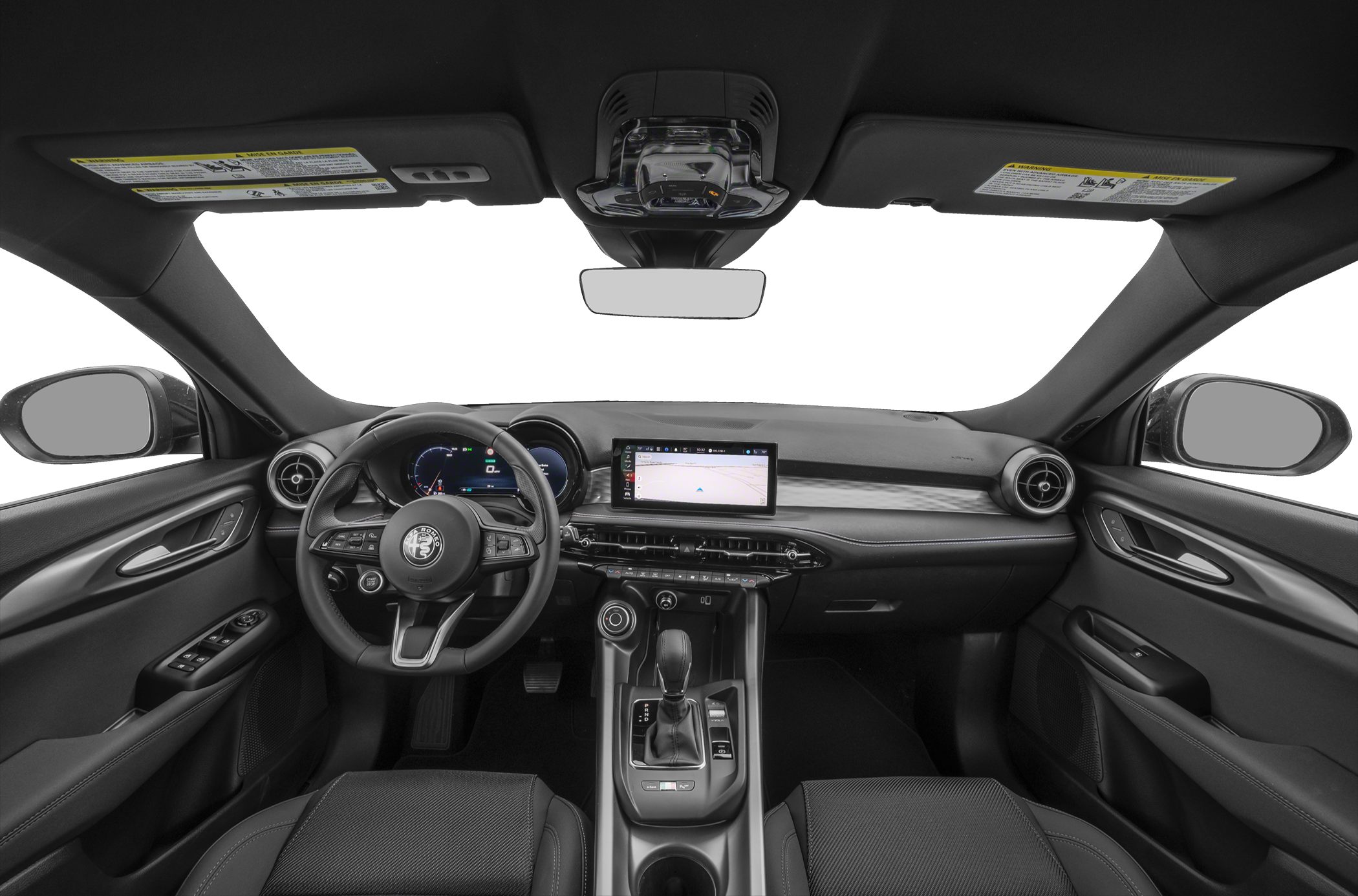 Modern car interior with digital dashboard and multifunction steering wheel