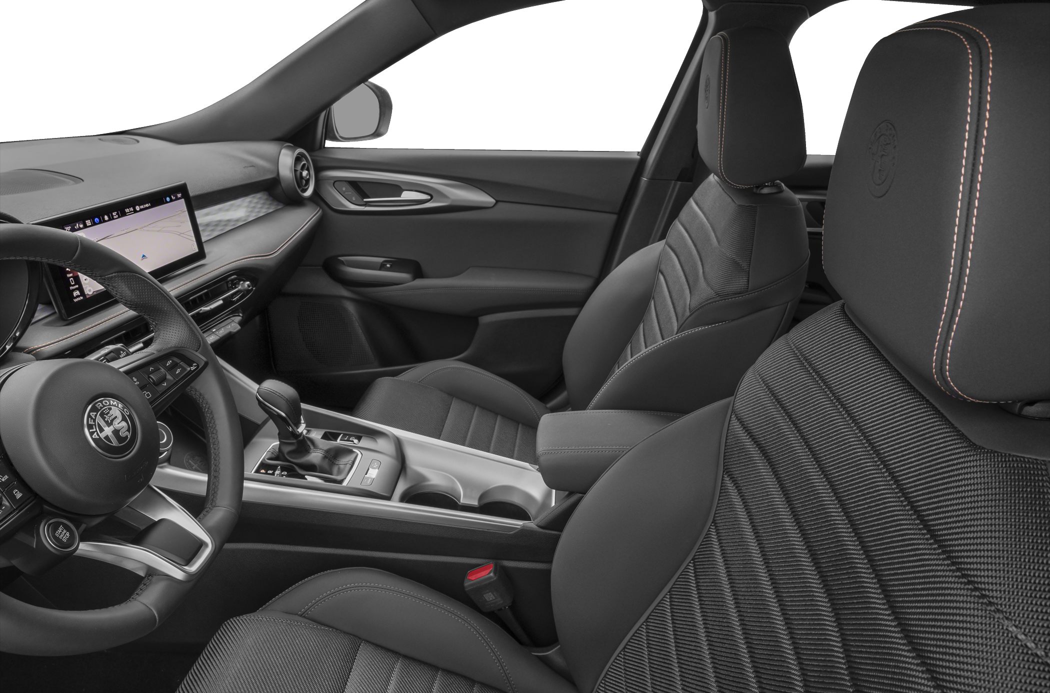 Modern car interior with advanced dashboard and detailed seats