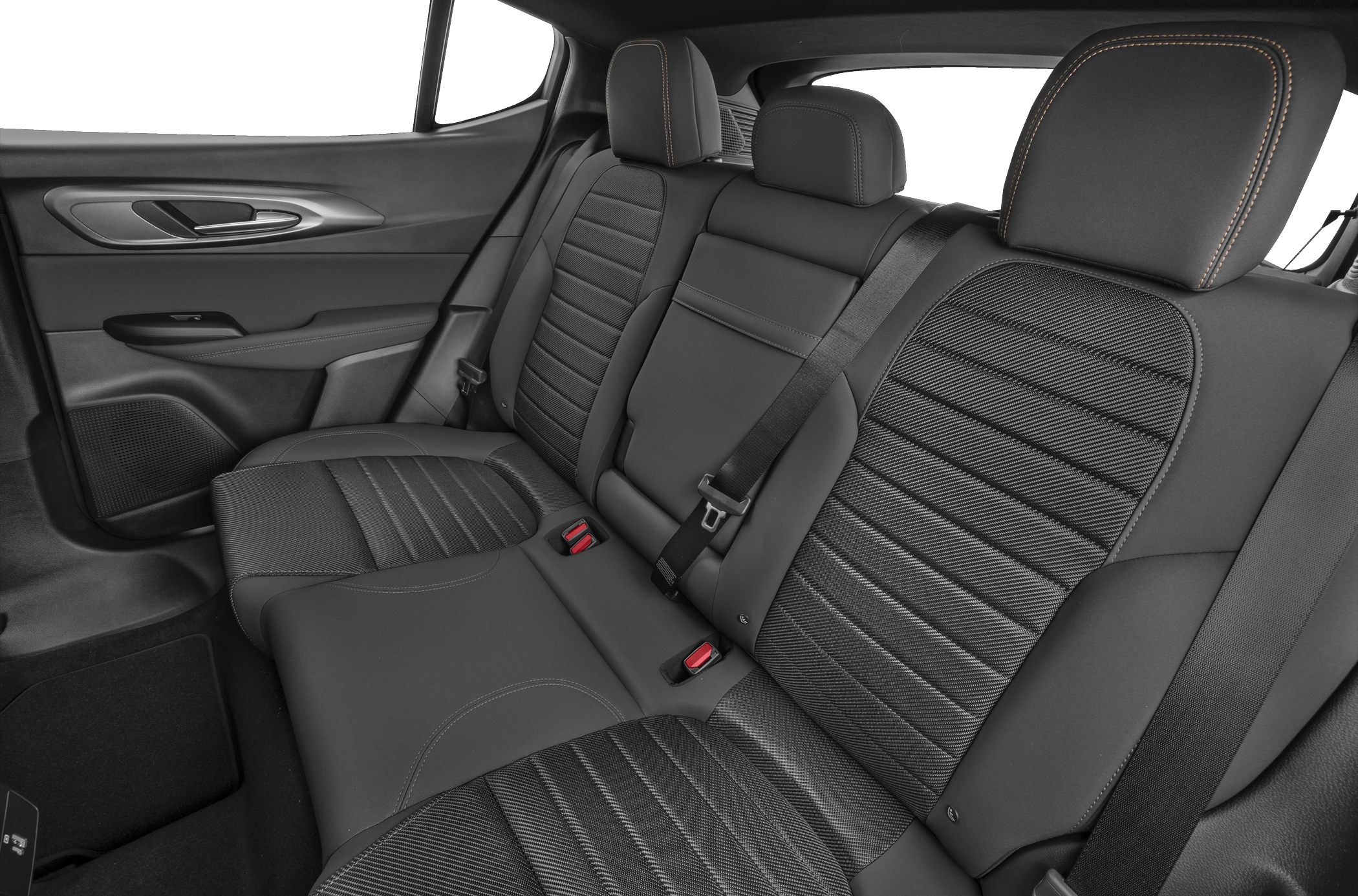 Rear passenger seat interior with textured leather upholstery and seatbelt