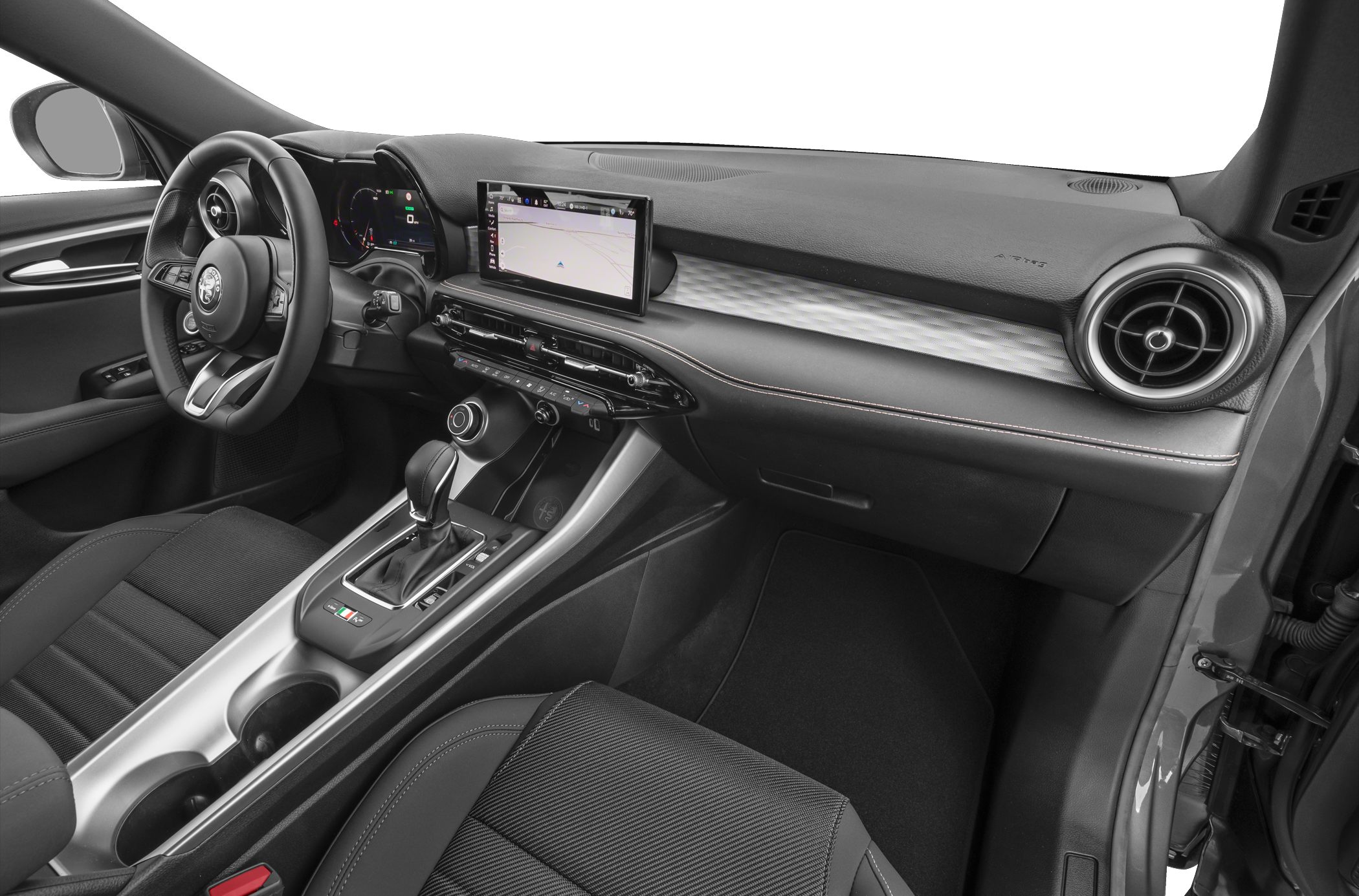 Digital dashboard, central infotainment screen, and sleek center console controls
