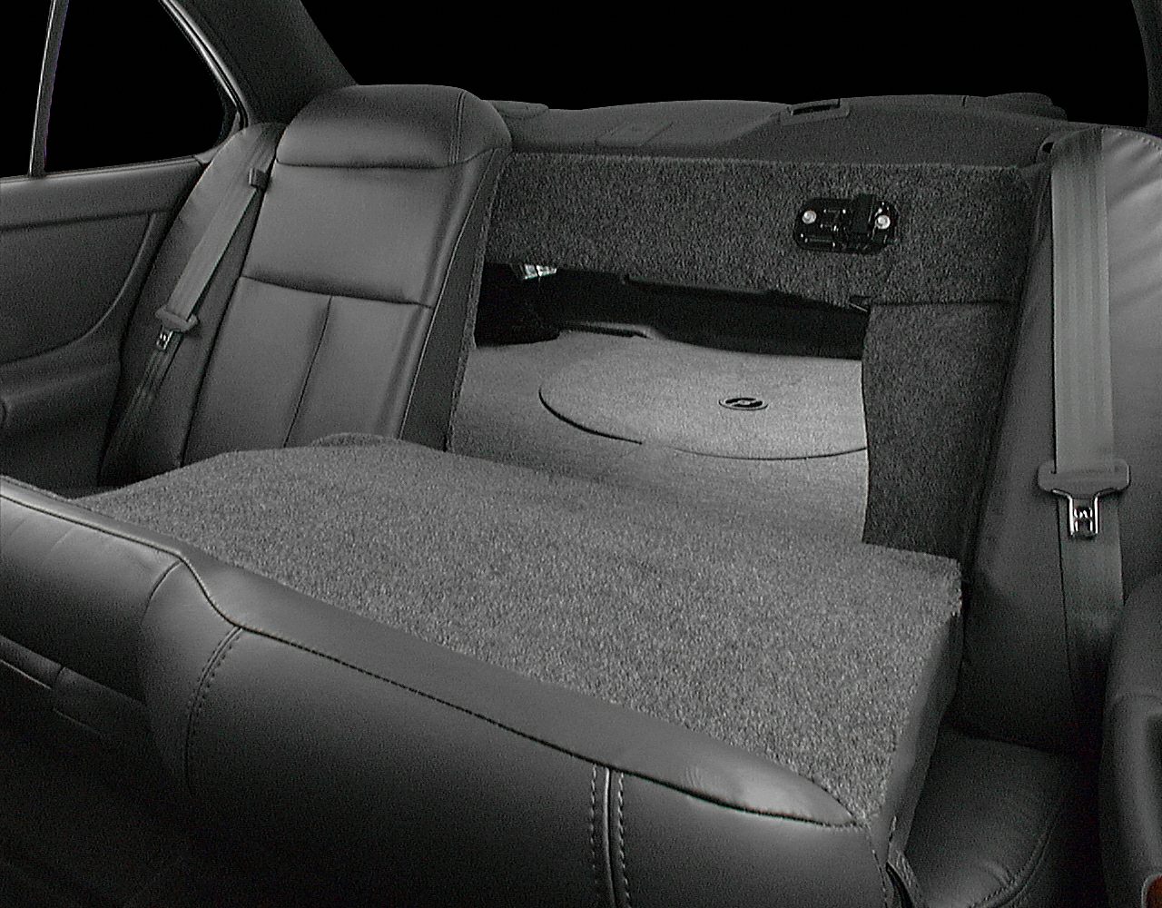 Rear seat fold-down and trunk pass-through in car interior