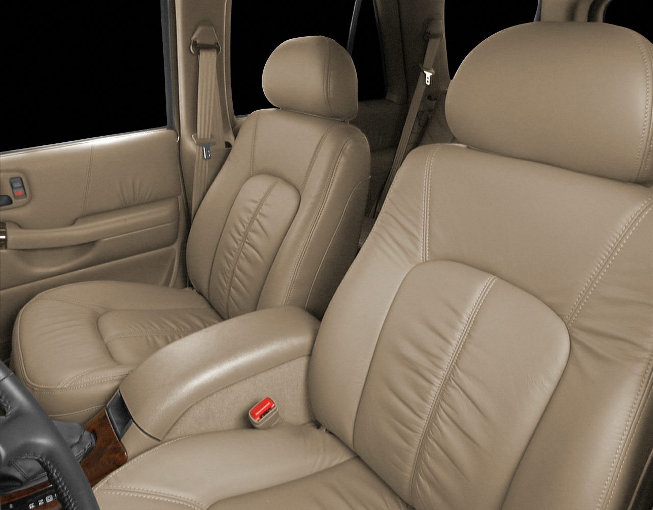 Beige leather front seats with armrest and seatbelt
