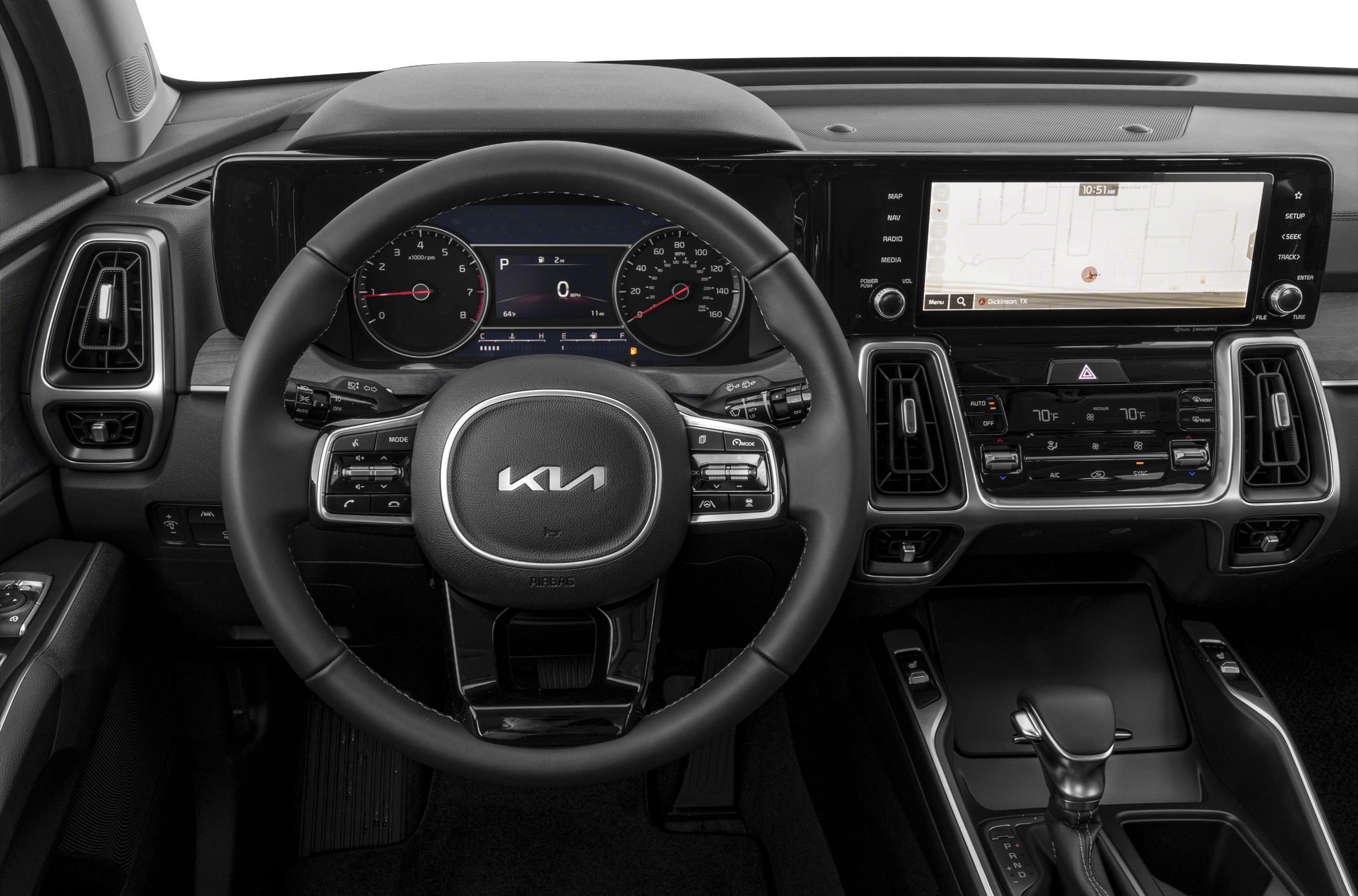 Steering wheel, digital instrument cluster, infotainment touchscreen, climate control panel