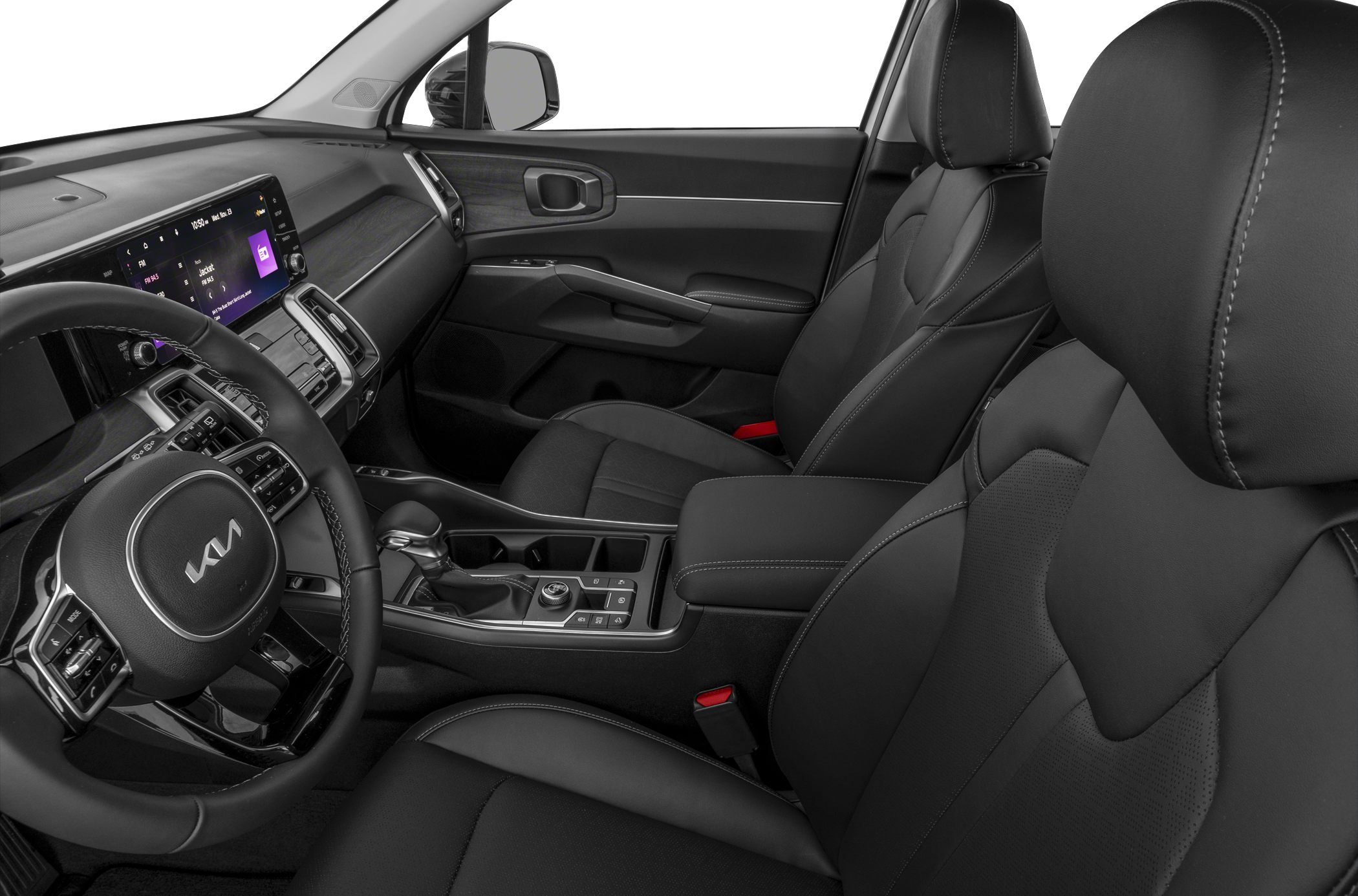 Front interior with leather seats and digital dashboard