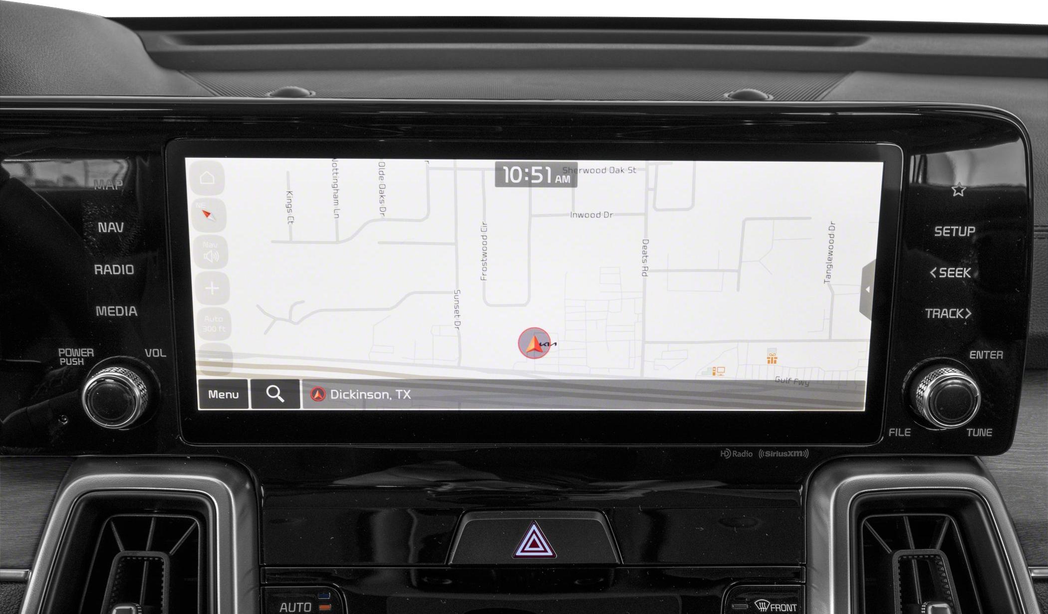 Close-up of in-car navigation system display with interface controls