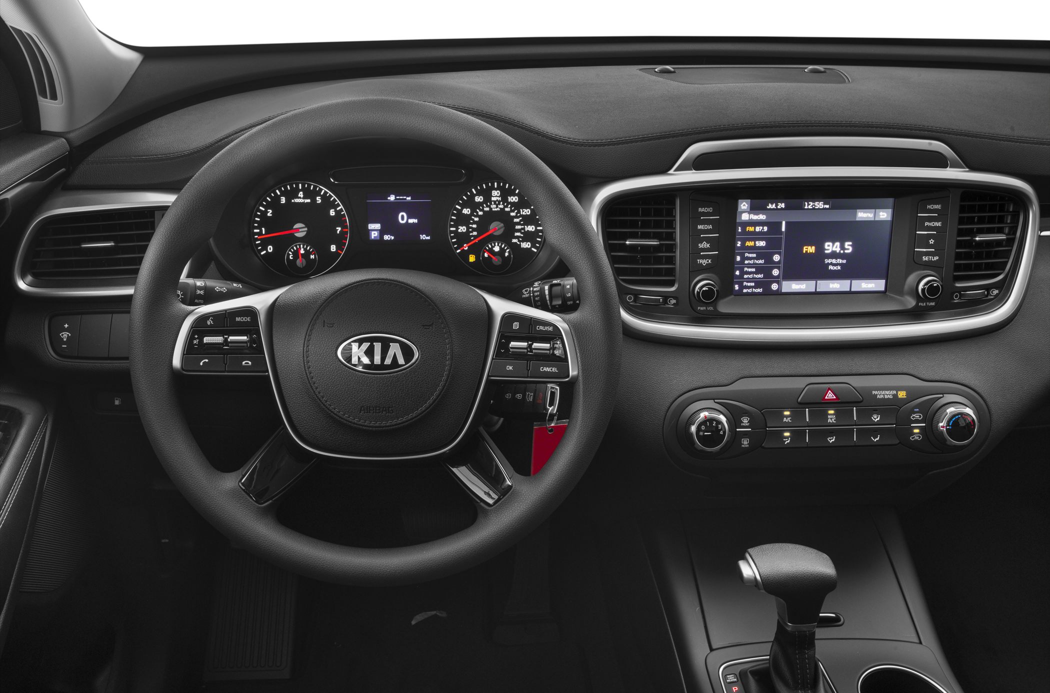 Dashboard, steering wheel controls, and infotainment system display