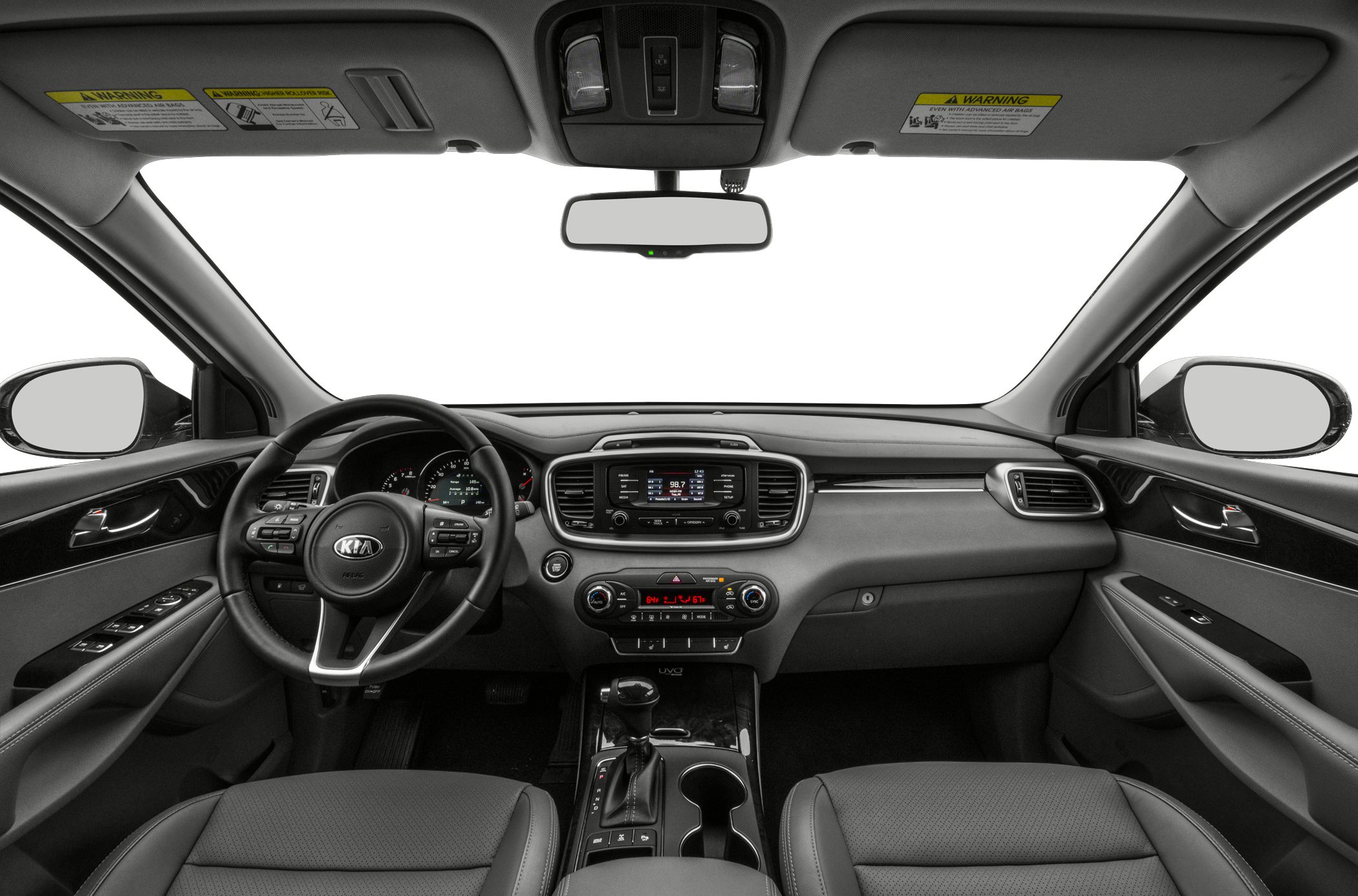 Dashboard and steering wheel interior view with center console