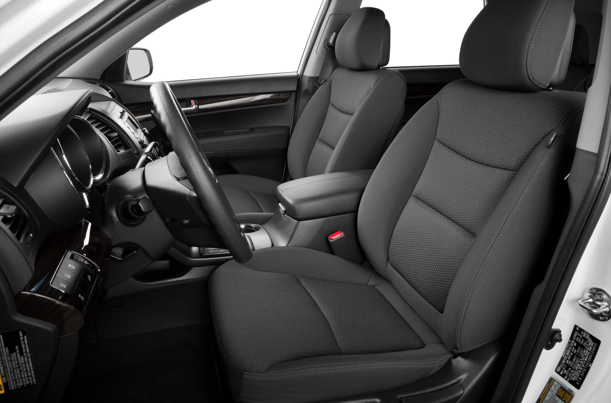 Front interior with black fabric seats and dashboard