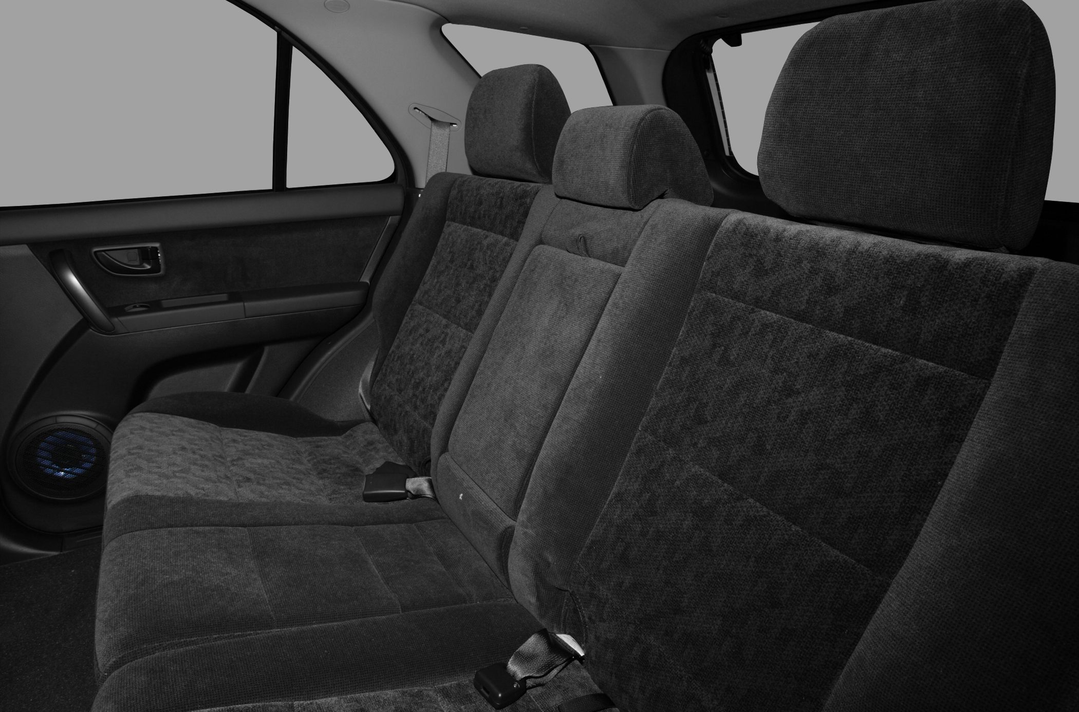Rear seat fabric upholstery with headrests and seat belts