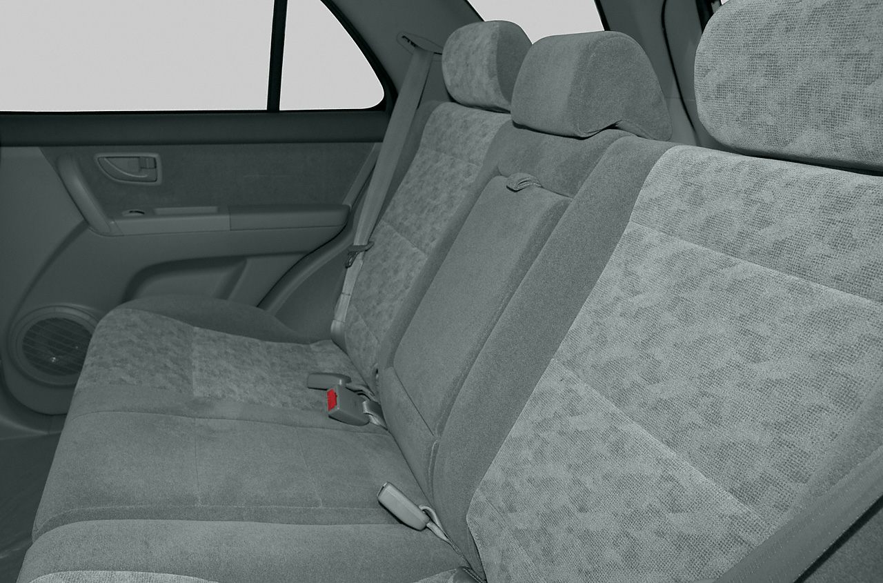 Rear seats with fabric upholstery, headrests, and door panel featuring speaker and handle.