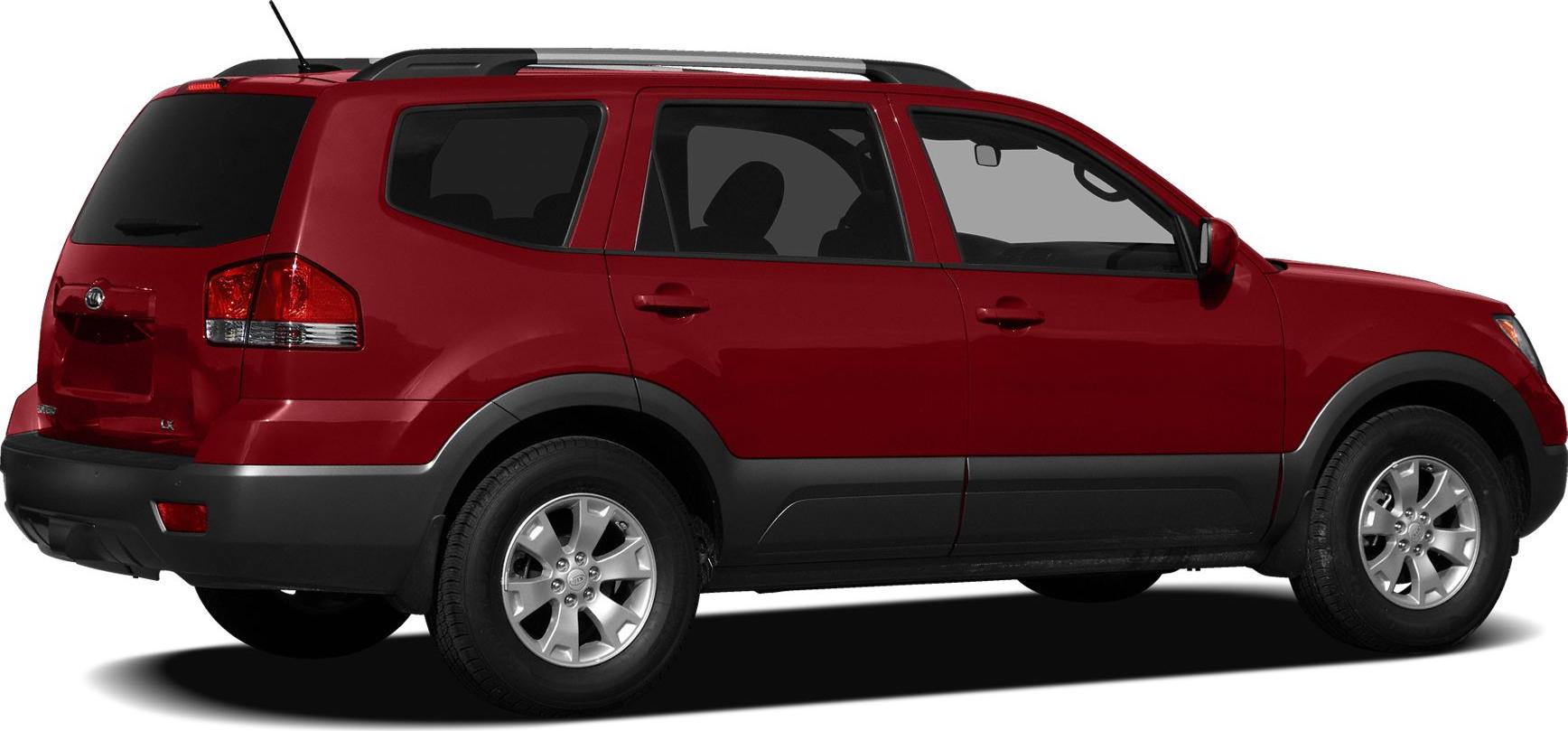 Rear side view of a red SUV with alloy wheels and roof rails