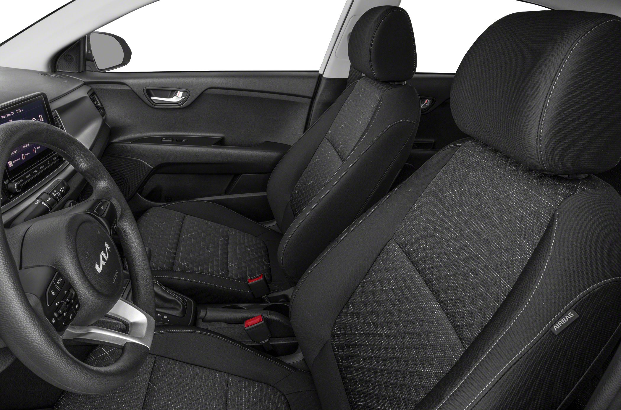 Fabric front seats and interior cabin details of modern sedan