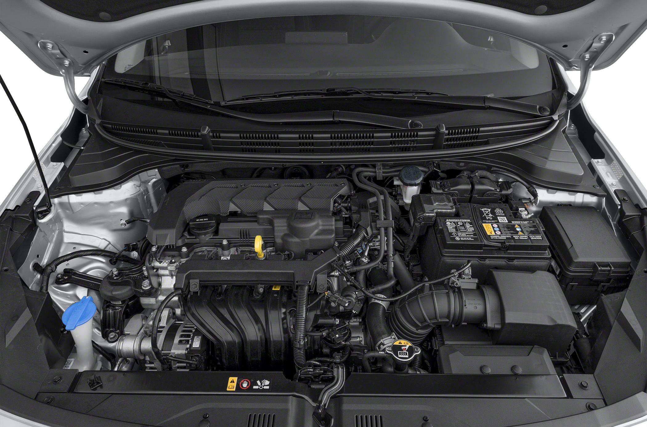 Detailed engine bay with visible components and fluid reservoirs
