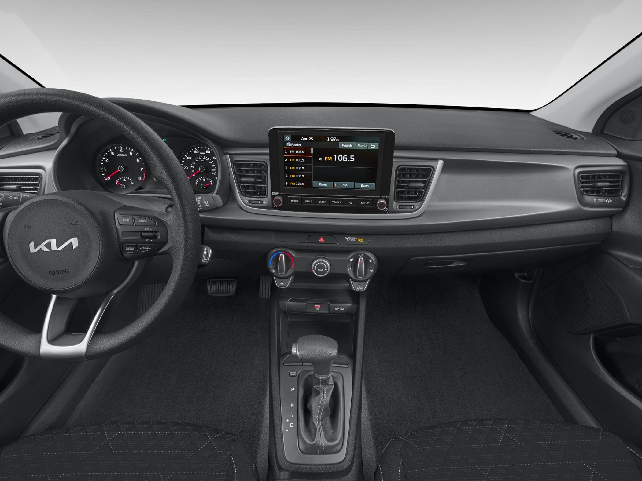 Dashboard and central console including digital infotainment screen and steering wheel controls