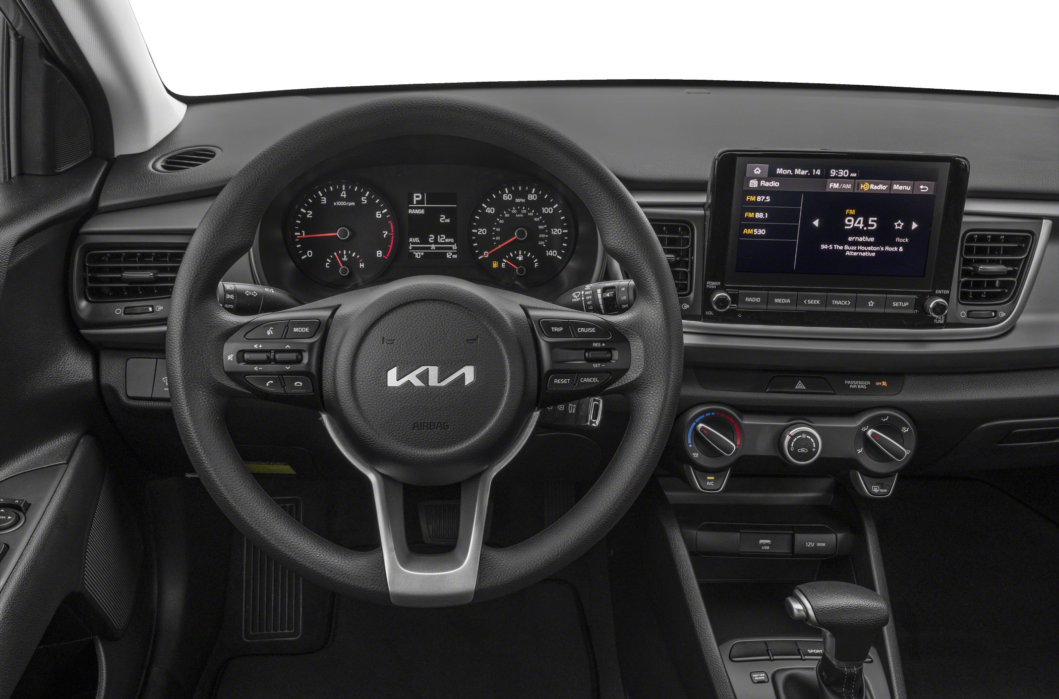 Steering wheel with controls, digital dashboard, touchscreen infotainment display