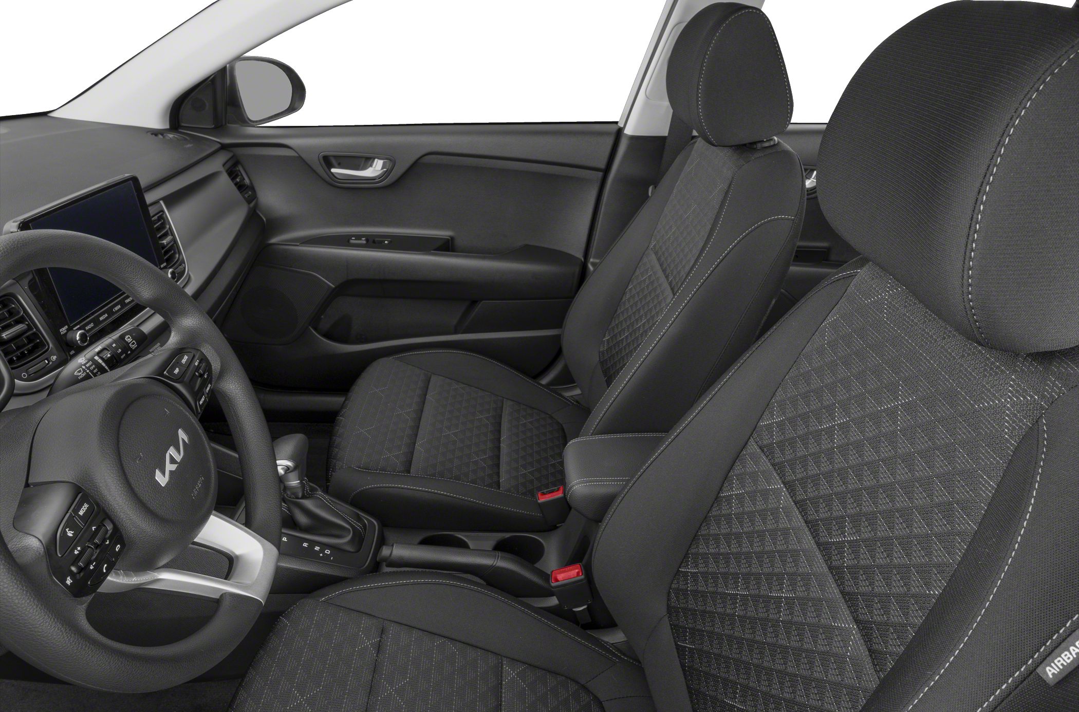Stylish fabric seats and modern dashboard with steering wheel controls