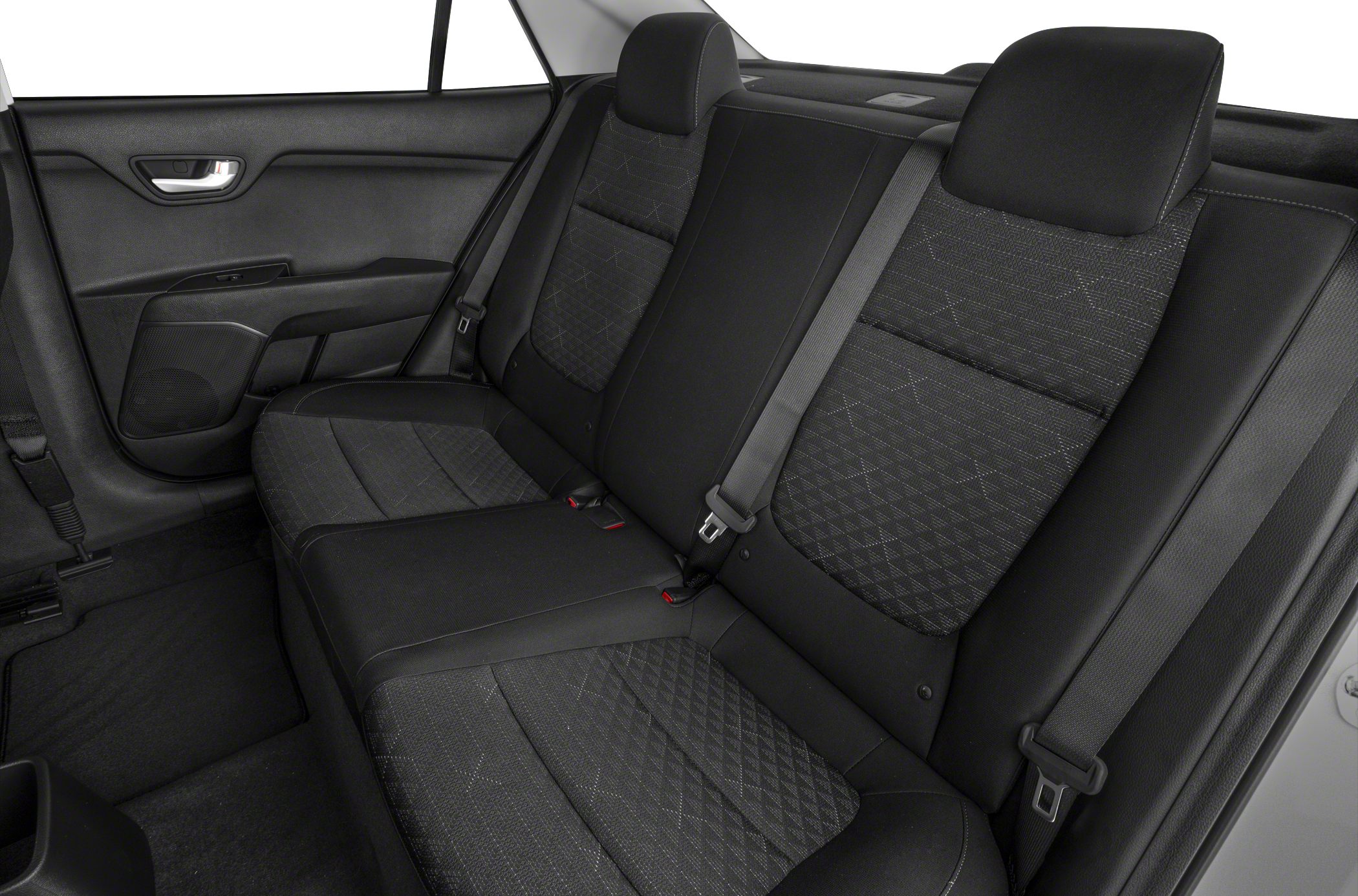 Rear seat with patterned fabric upholstery and seatbelts