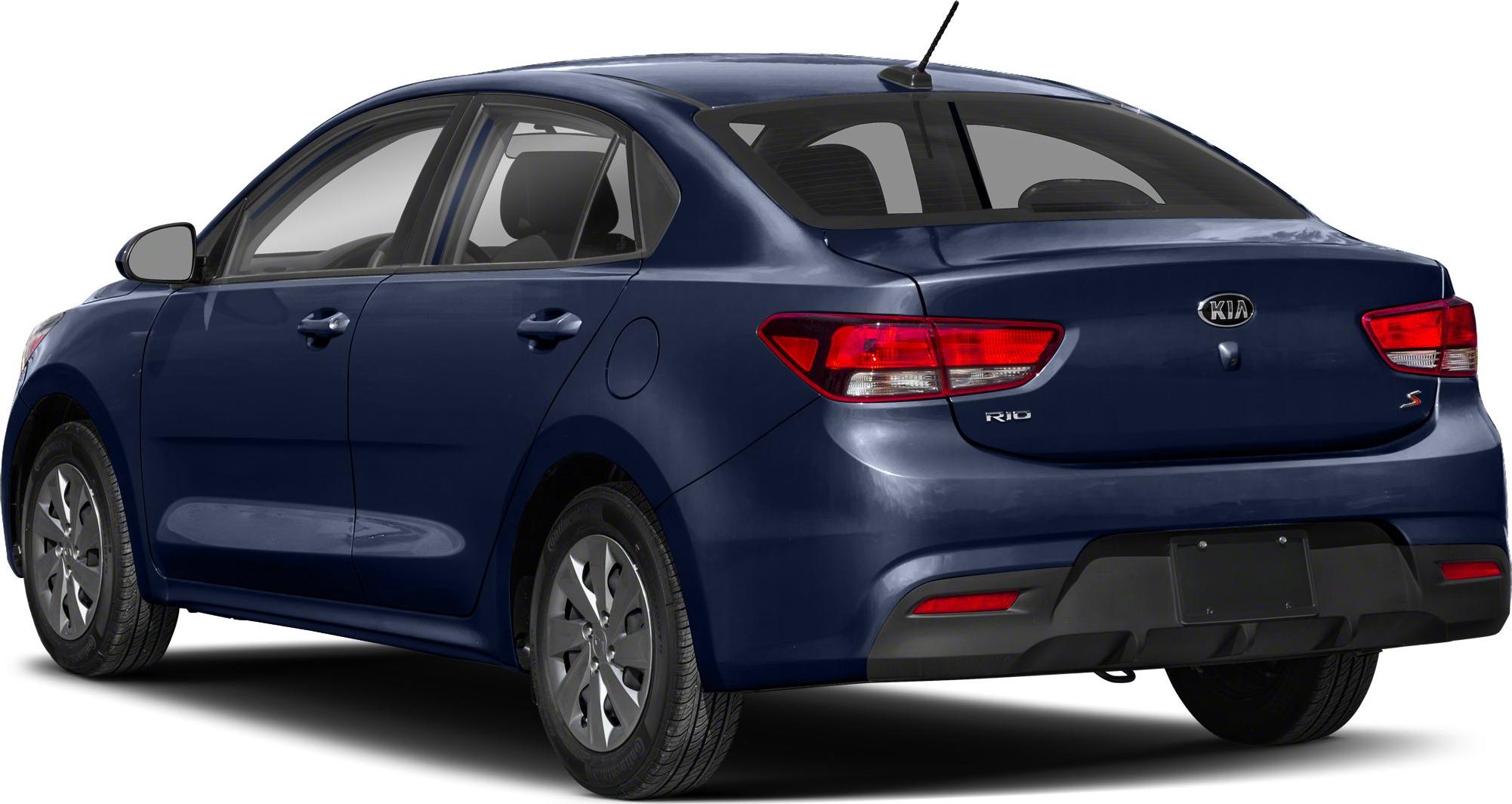 Rear and side profile of a blue sedan with distinct taillights and four doors